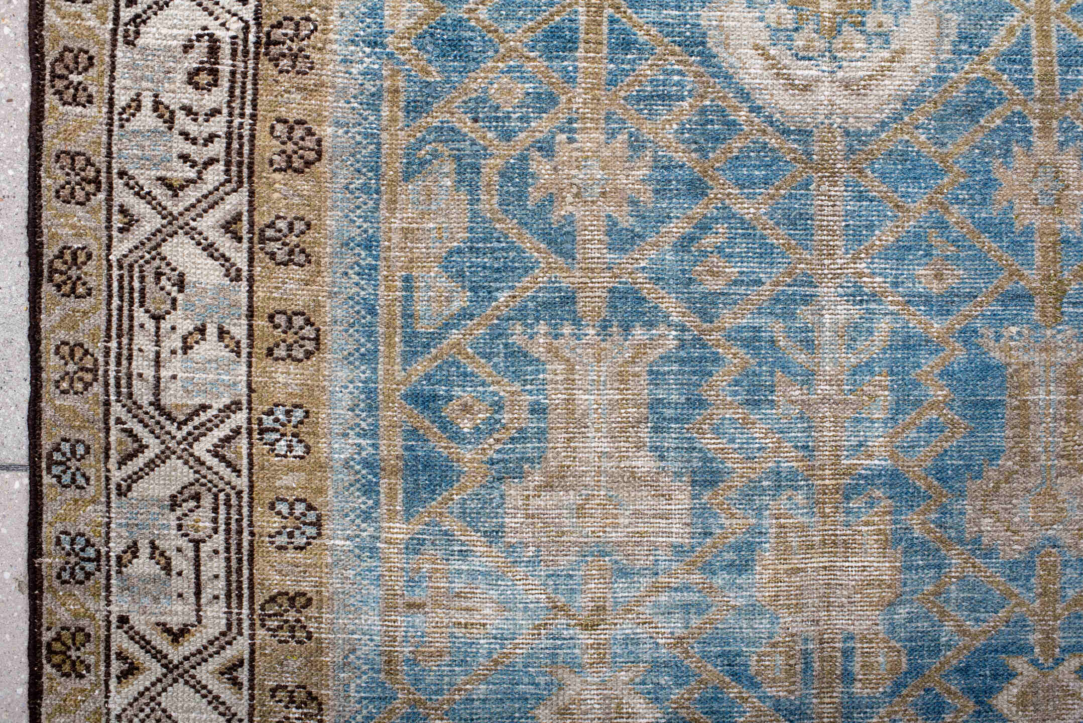 4' x 6' one-of-a-kind handmade antique Hamadan small size rug. Color palette: sky blue, ivory, taupe, brown, camel, charcoal