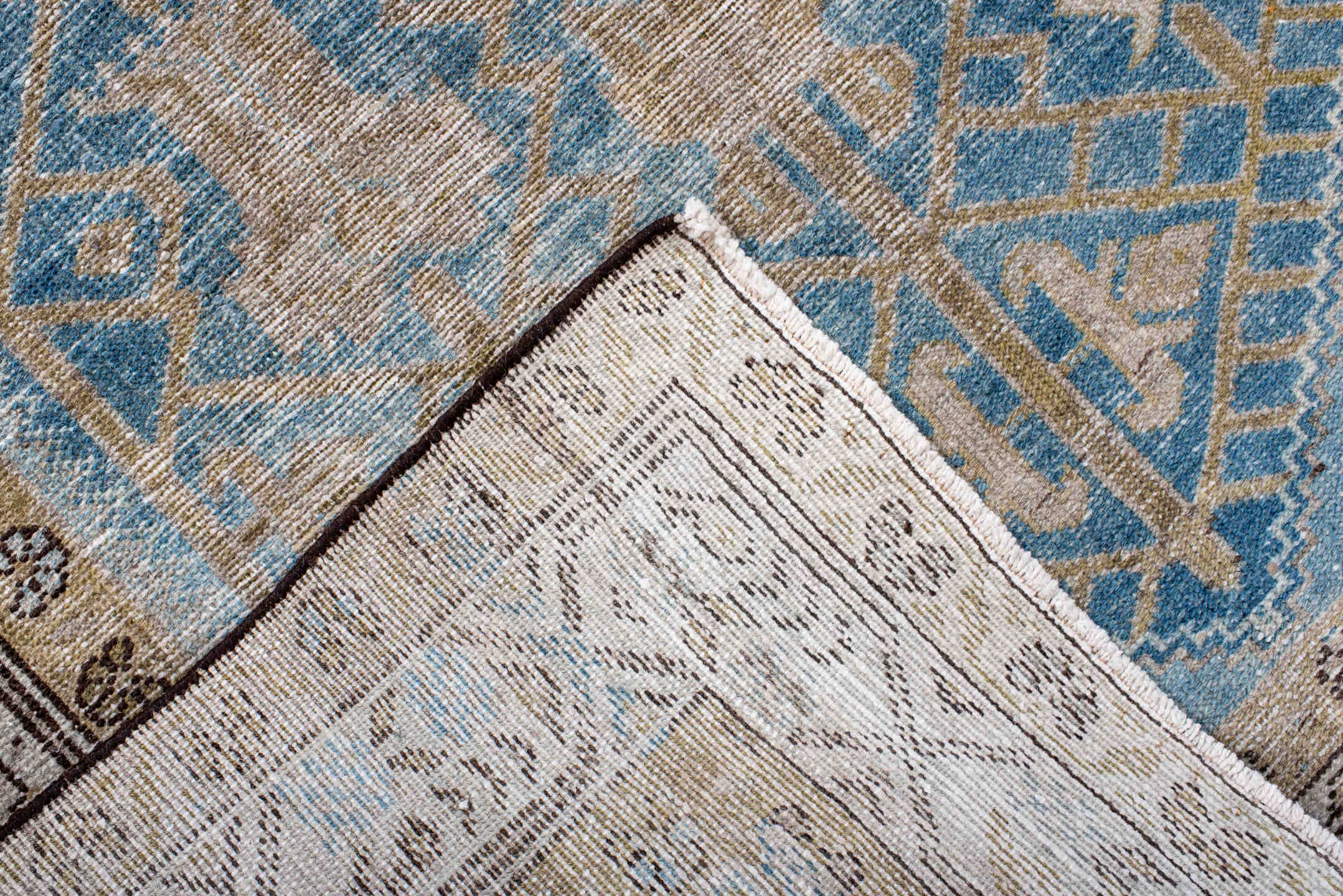 4' x 6' one-of-a-kind handmade vintage Hamadan small size rug. Color palette: blue, brown, gray, light blue, light gray
