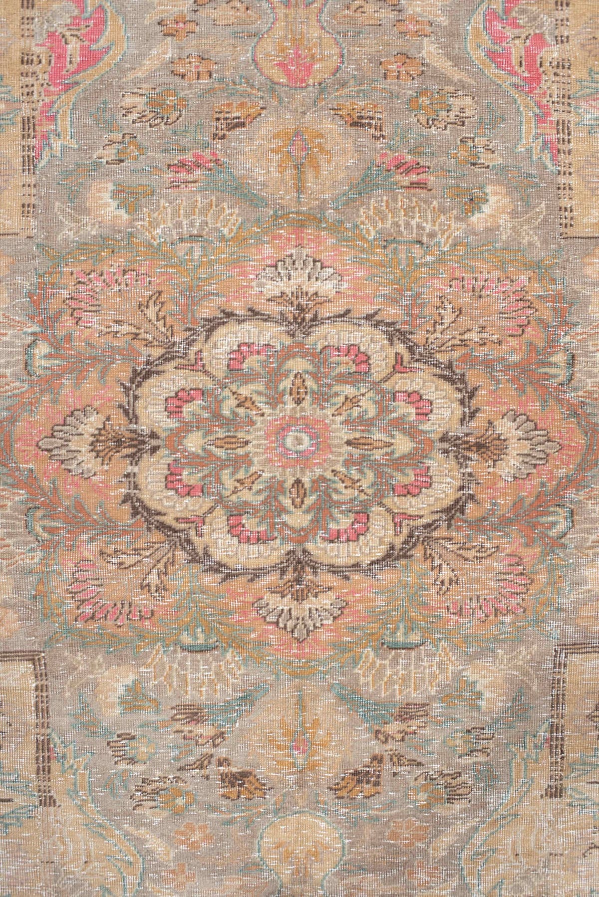 5' x 7' one-of-a-kind handmade antique Hereke rug. Color palette: blush, ivory, celadon, peach, coral, taupe, sage, brown