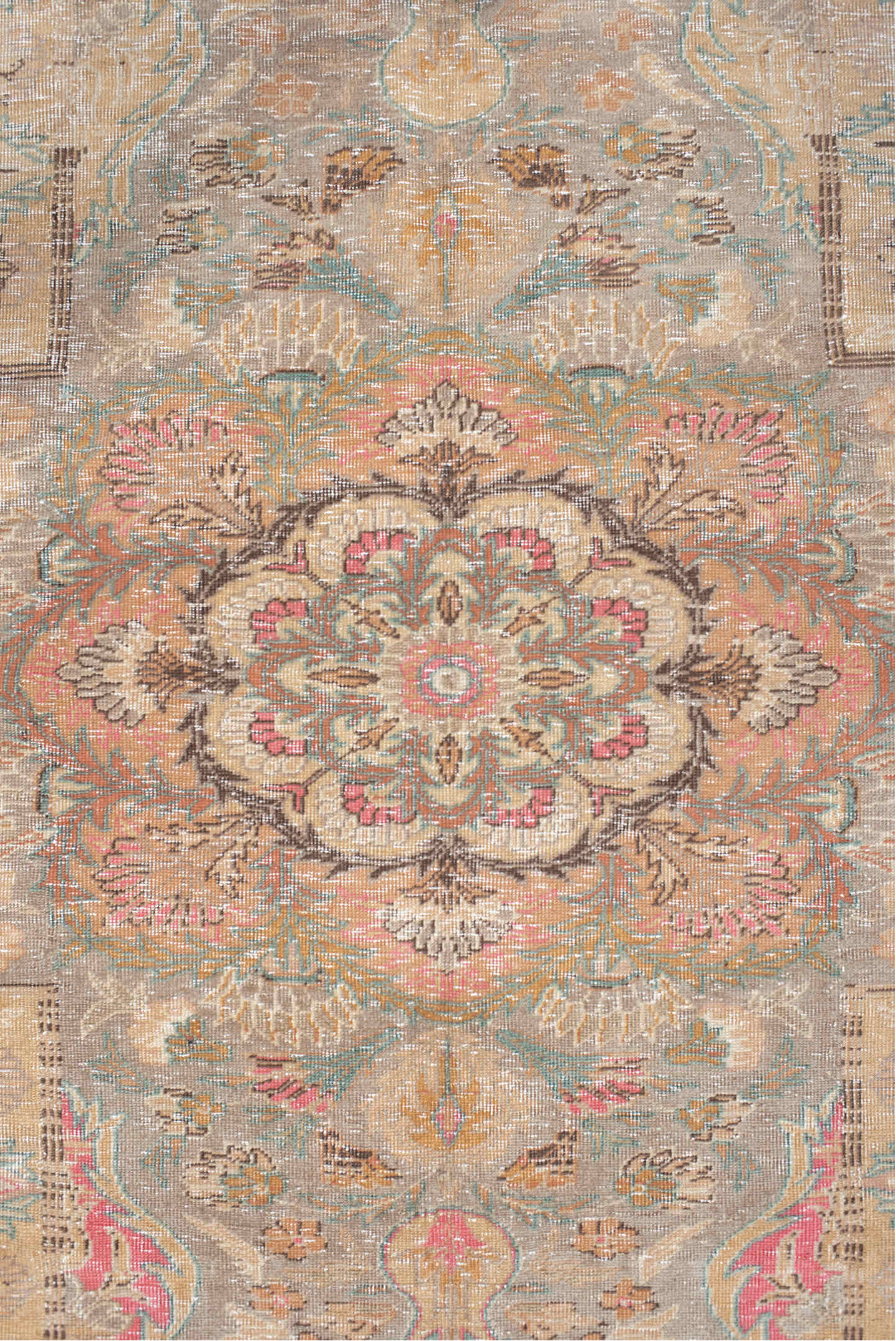 5' x 7' one-of-a-kind handmade vintage Hereke rug. Color palette: brown, gray, light gray, off-white, orange, pink, red