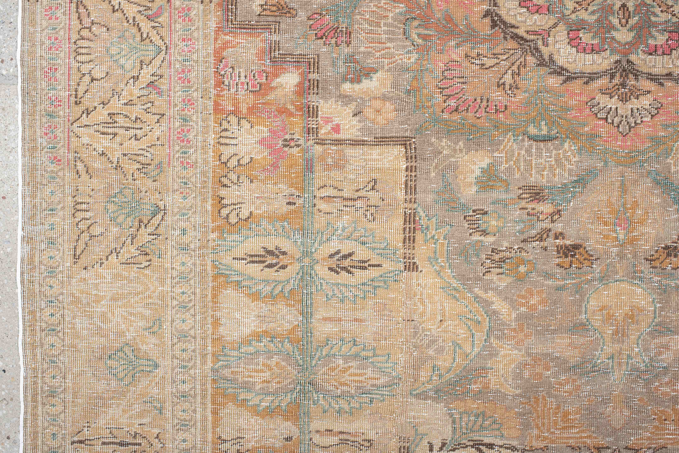 5' x 7' one-of-a-kind handmade vintage Hereke rug. Color palette: brown, gray, light gray, off-white, orange, pink, red