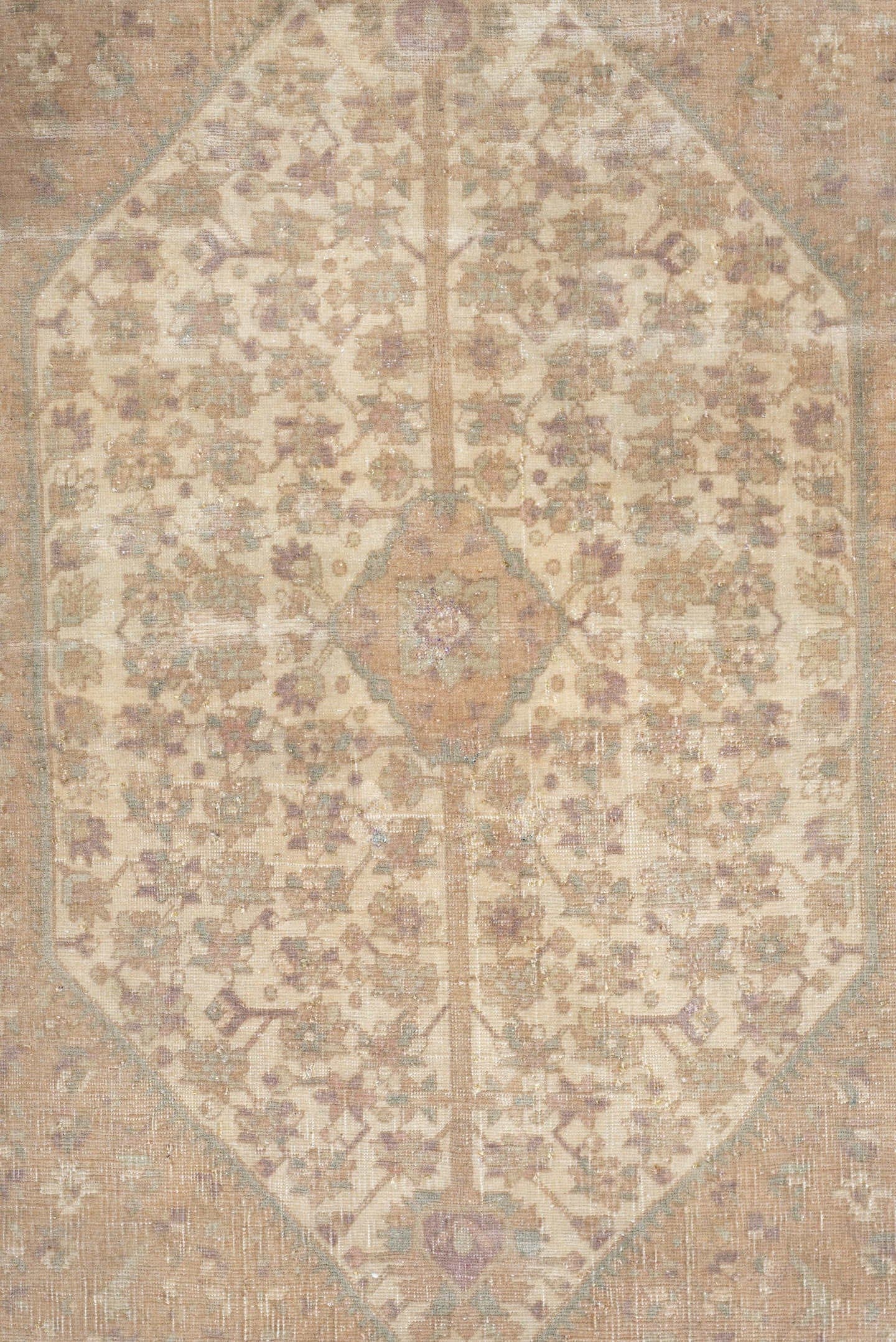4' x 6' one-of-a-kind handmade antique Sarouk rug. Color palette: ivory, blush, taupe, sage, rose, camel, pewter, pink