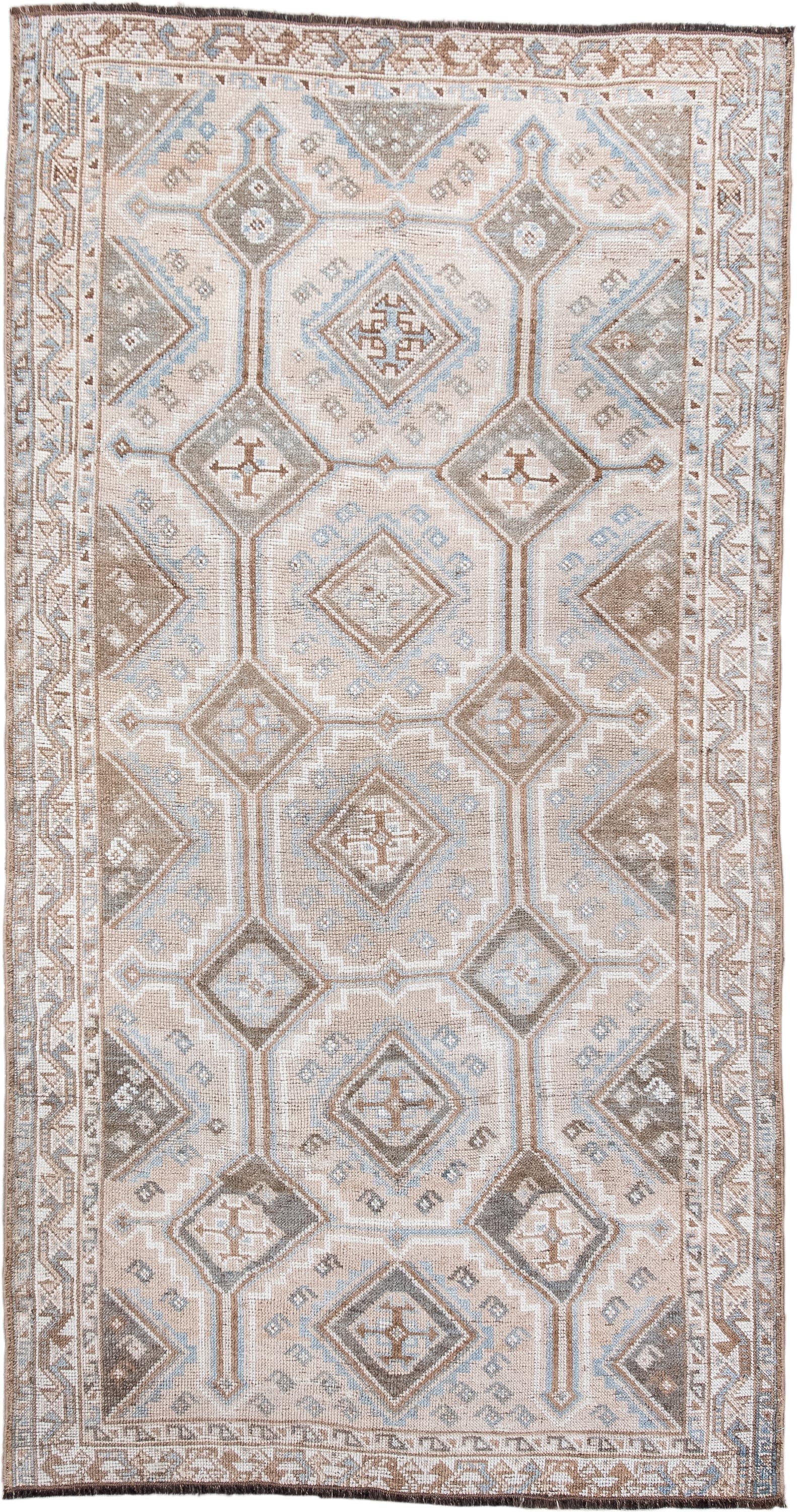 3' x 7' one-of-a-kind handmade antique Gabbe rug. Color palette: ivory, taupe, camel, pale_blue, brown, beige, gray