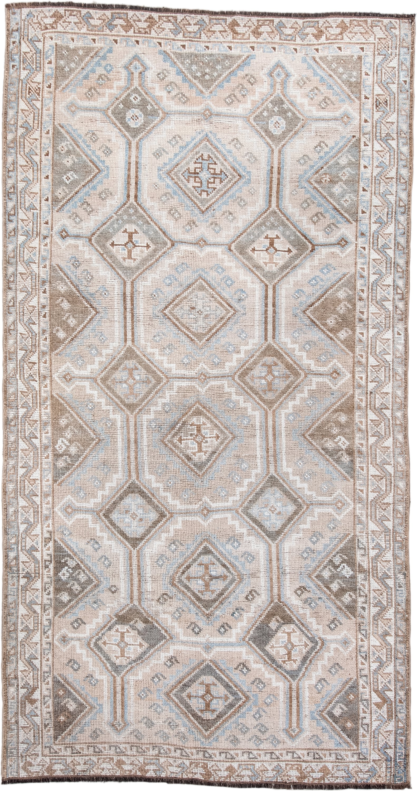 3' x 7' one-of-a-kind handmade antique Gabbe rug. Color palette: ivory, taupe, camel, pale_blue, brown, beige, gray