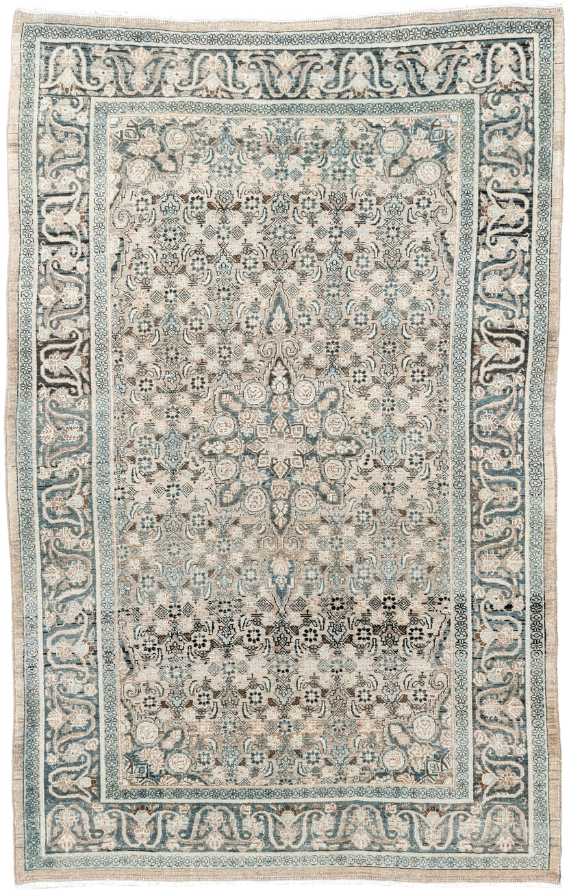 4' x 7' one-of-a-kind handmade antique Bidjar rug. Color palette: ivory, pale blue, slate, taupe, beige, charcoal, cream