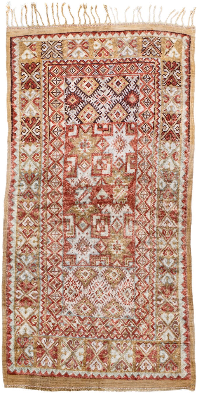 3' x 6' one-of-a-kind handmade antique Moroccan small size rug. Color palette: terra cotta, ivory, camel, rust, tan, sage