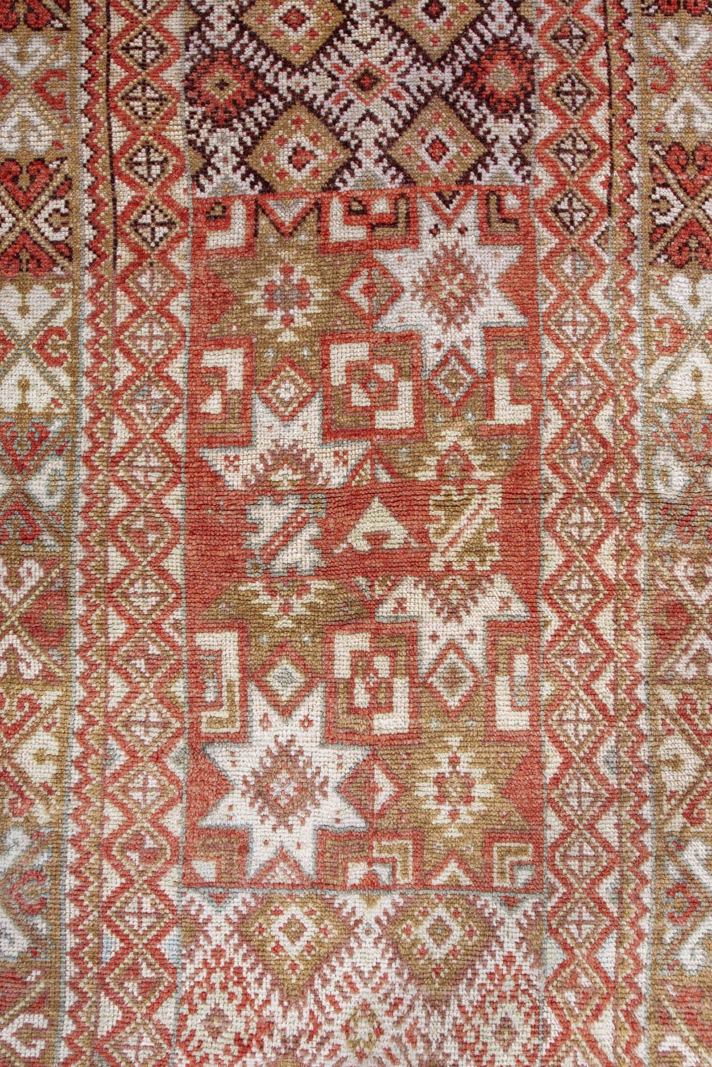 3' x 6' one-of-a-kind handmade antique Moroccan small size rug. Color palette: terra cotta, ivory, camel, rust, tan, sage
