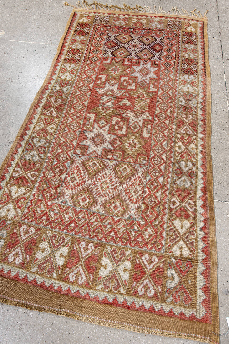 3' x 6' one-of-a-kind handmade antique Moroccan small size rug. Color palette: terra cotta, ivory, camel, rust, tan, sage