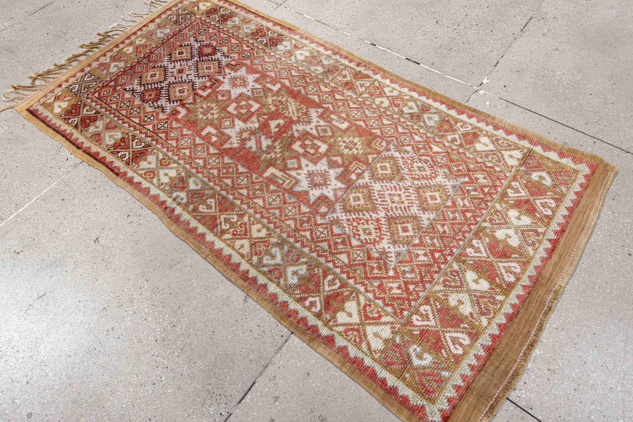 3' x 6' one-of-a-kind handmade antique Moroccan small size rug. Color palette: terra cotta, ivory, camel, rust, tan, sage