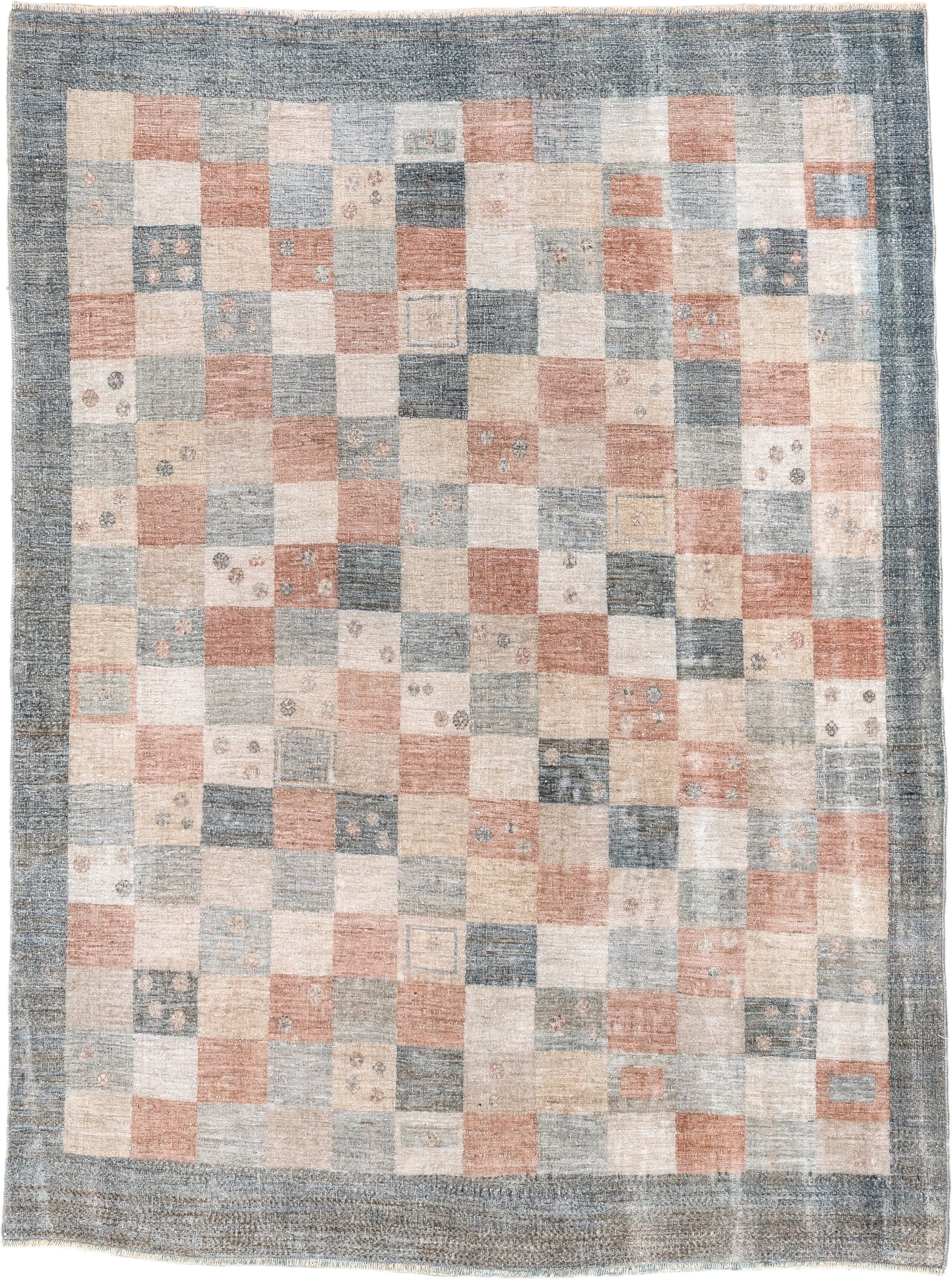 4' x 6' one-of-a-kind handmade vintage Gabbe small size rug. Color palette: slate, ivory, blush, sand, taupe, charcoal, gray
