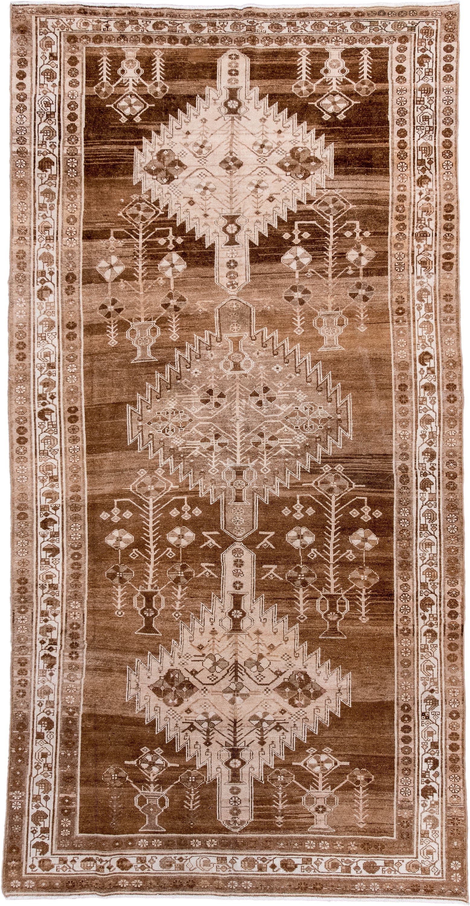 5' x 9' one-of-a-kind handmade antique Hamadan medium size rug. Color palette: brown, ivory, taupe, camel, beige, gray