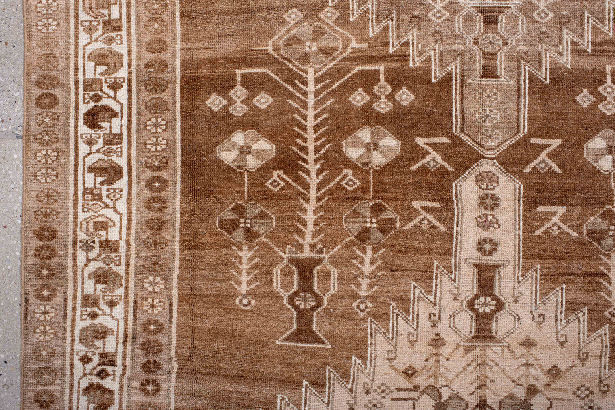 5' x 9' one-of-a-kind handmade antique Hamadan medium size rug. Color palette: brown, ivory, taupe, camel, beige, gray