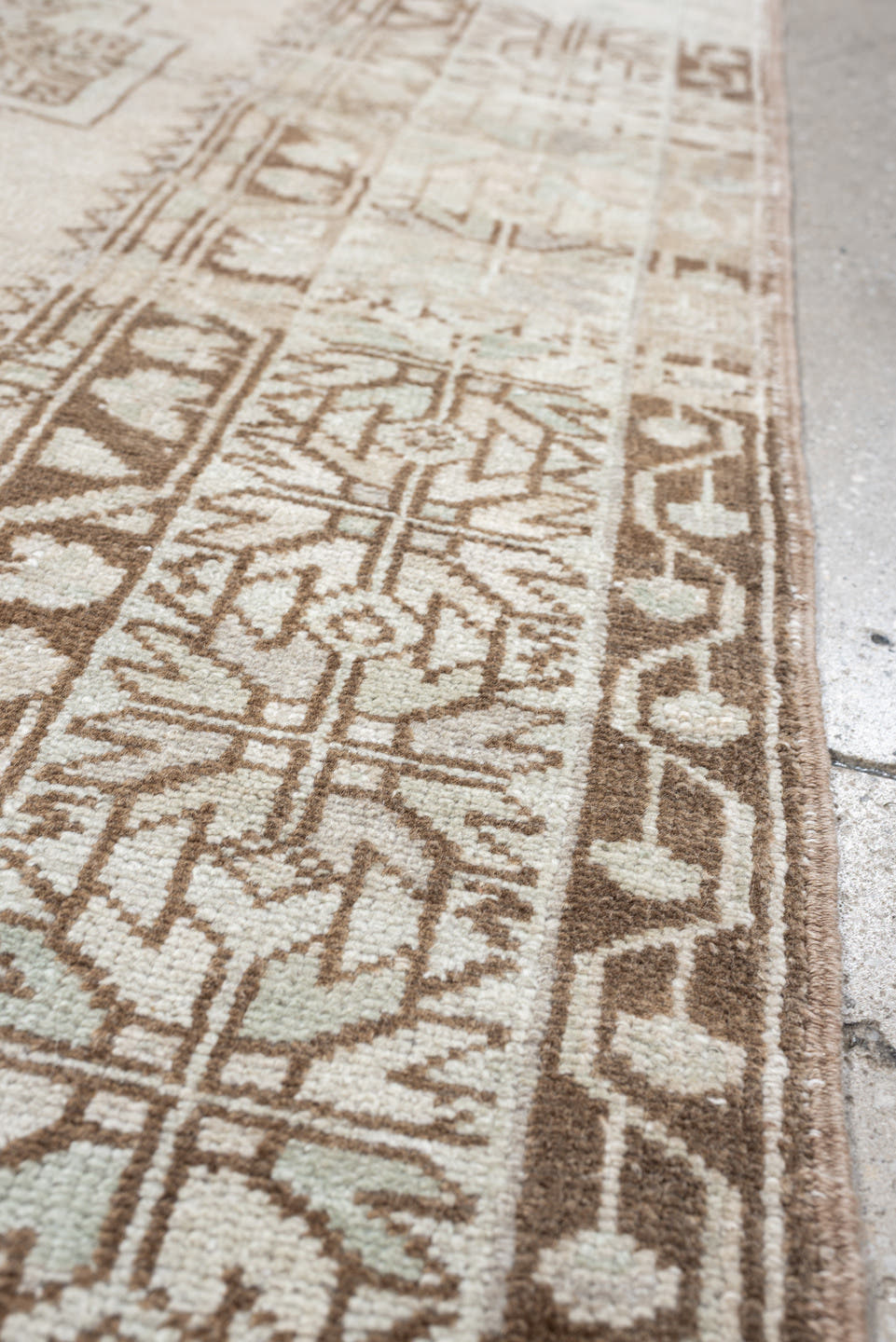3' x 6' one-of-a-kind handmade antique Anatolian rug. Color palette: ivory, taupe, beige, camel, sand, light brown, gray