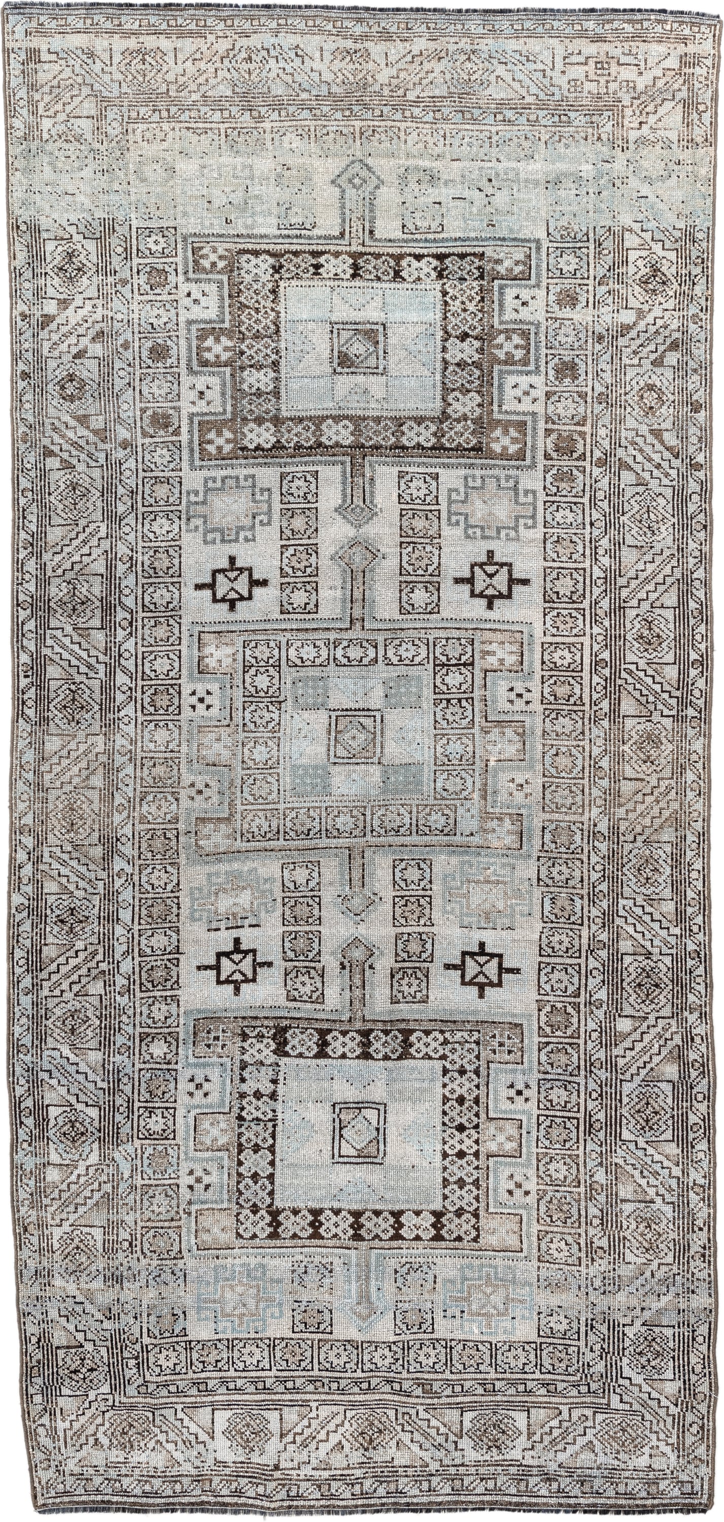 4' x 9' one-of-a-kind handmade antique NW Persian runner rug. Color palette: ivory, taupe, brown, camel, slate, beige, gray