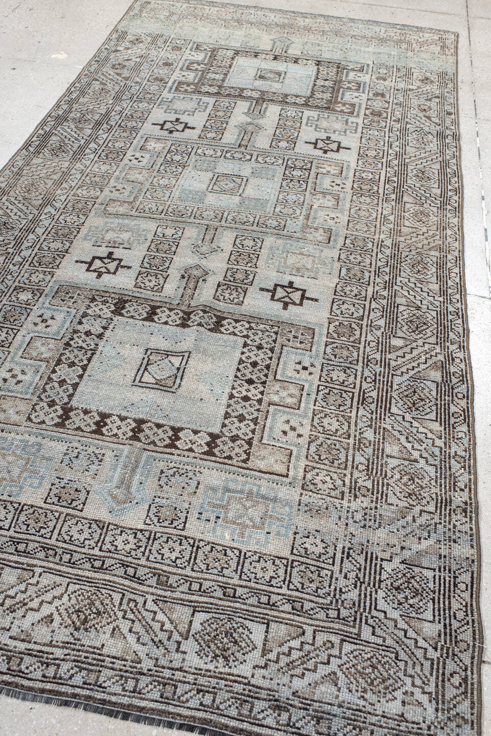 4' x 9' one-of-a-kind handmade antique NW Persian runner rug. Color palette: ivory, taupe, brown, camel, slate, beige, gray