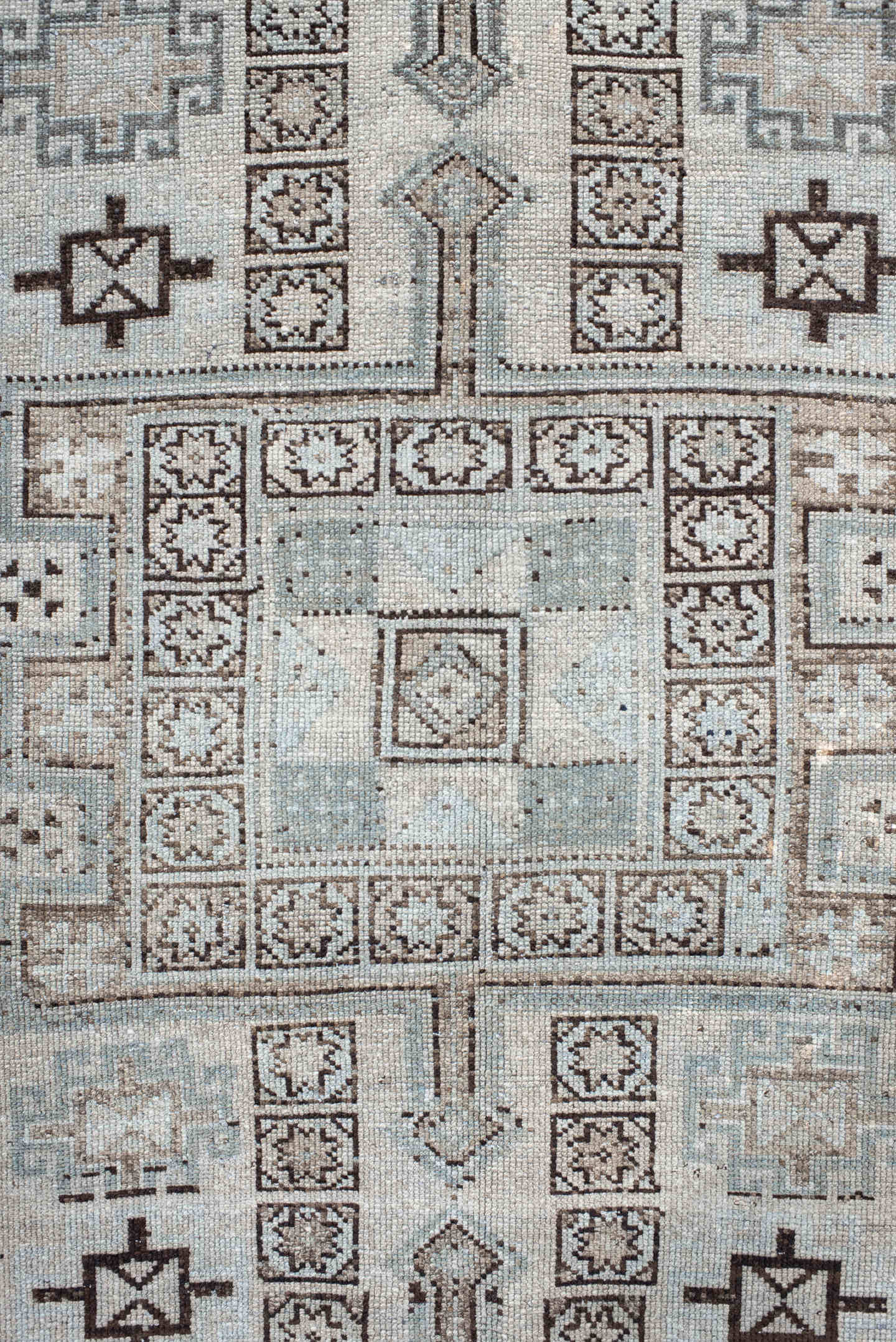 4' x 9' one-of-a-kind handmade antique NW Persian runner rug. Color palette: ivory, taupe, brown, camel, slate, beige, gray