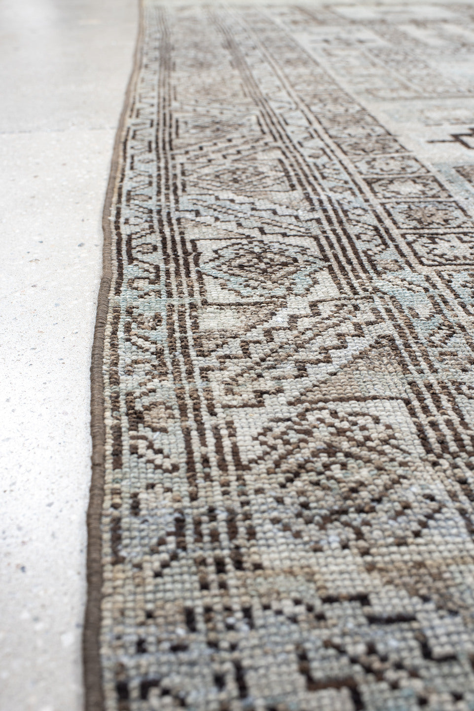 4' x 9' one-of-a-kind handmade antique NW Persian runner rug. Color palette: ivory, taupe, brown, camel, slate, beige, gray