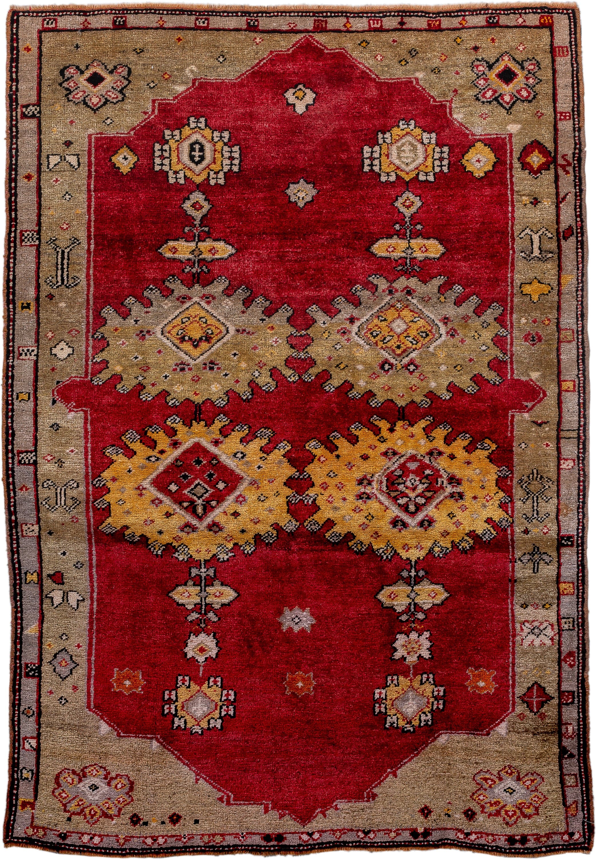 4' x 5' one-of-a-kind handmade vintage Anatolian small size rug. Color palette: crimson, camel, ivory, gold, charcoal, rust