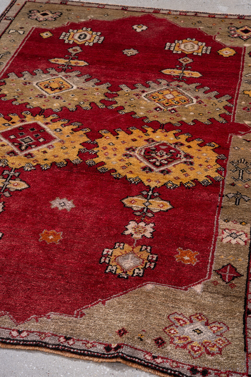 4' x 5' one-of-a-kind handmade vintage Anatolian small size rug. Color palette: crimson, camel, ivory, gold, charcoal, rust