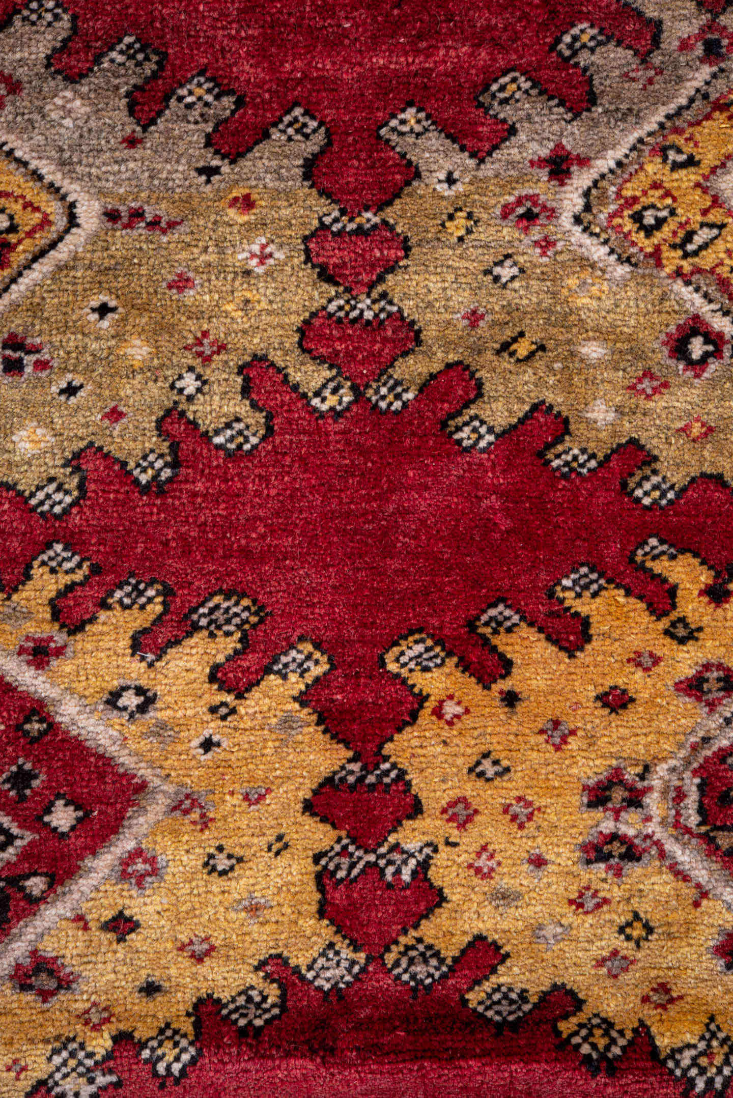 4' x 5' one-of-a-kind handmade vintage Anatolian small size rug. Color palette: crimson, camel, ivory, gold, charcoal, rust
