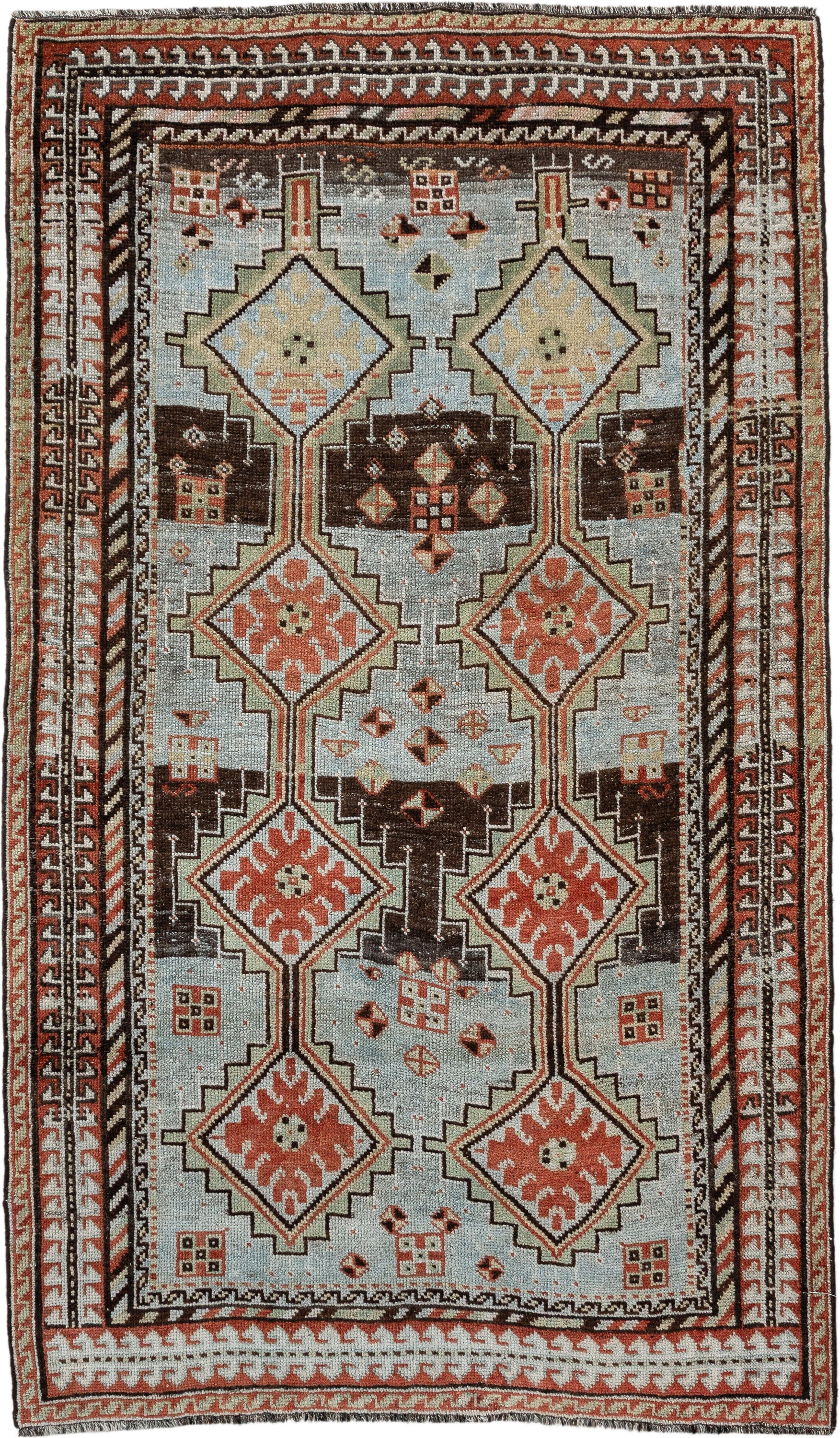 4' x 6' one-of-a-kind handmade vintage Gabbe rug. Color palette: ivory, rust, brown, charcoal, camel, pale blue, terracotta