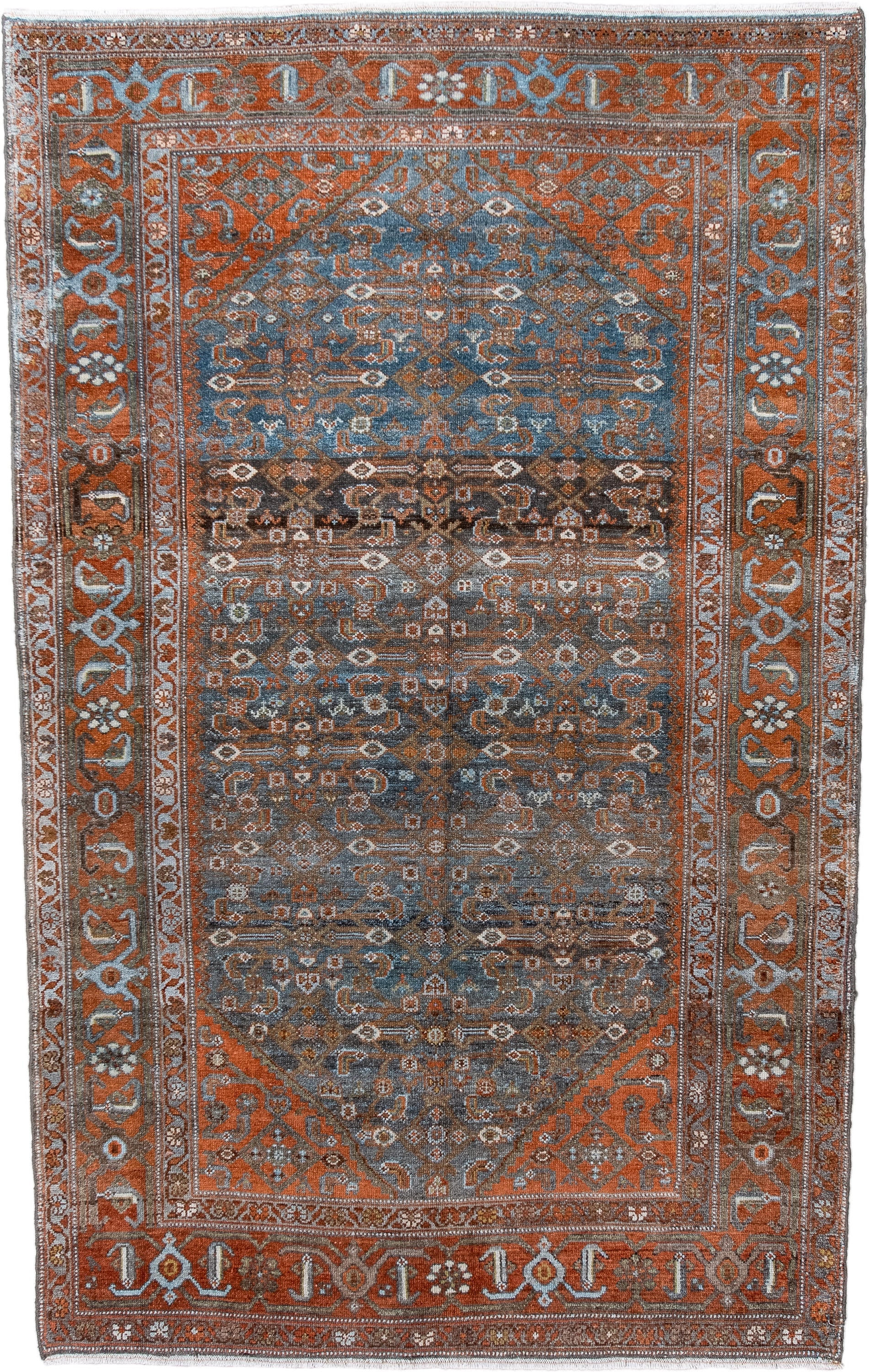 4' x 7' one-of-a-kind handmade antique Malayer rug. Color palette: rust, blue, ivory, slate, charcoal, taupe, camel
