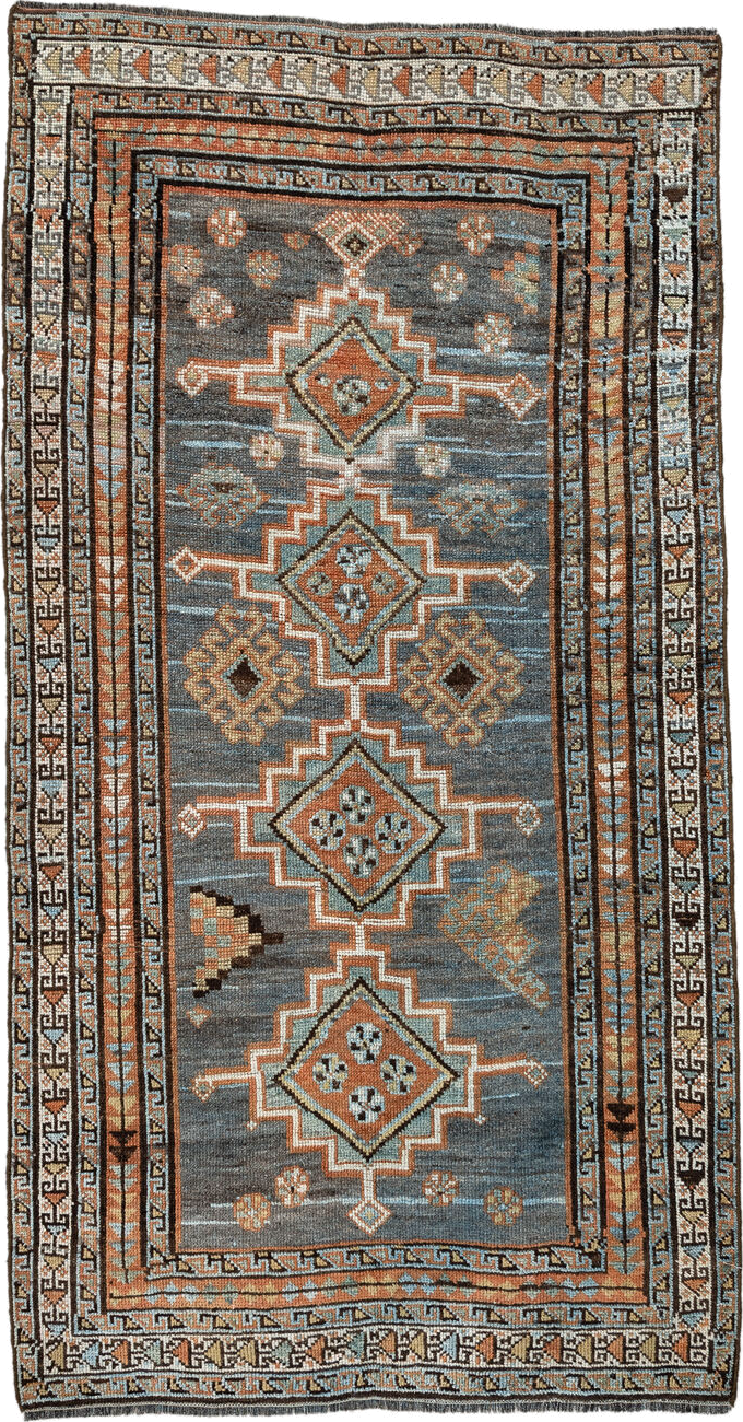 3' x 7' one-of-a-kind handmade vintage Gabbe rug. Color palette: antiquewhite, black, blue, brown, charcoal, dim gray