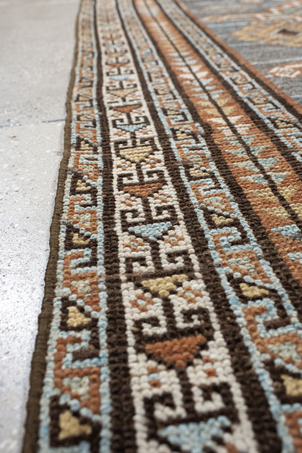 3' x 7' one-of-a-kind handmade antique Gabbe rug. Color palette: blue, rust, ivory, brown, camel, teal, charcoal, terracotta