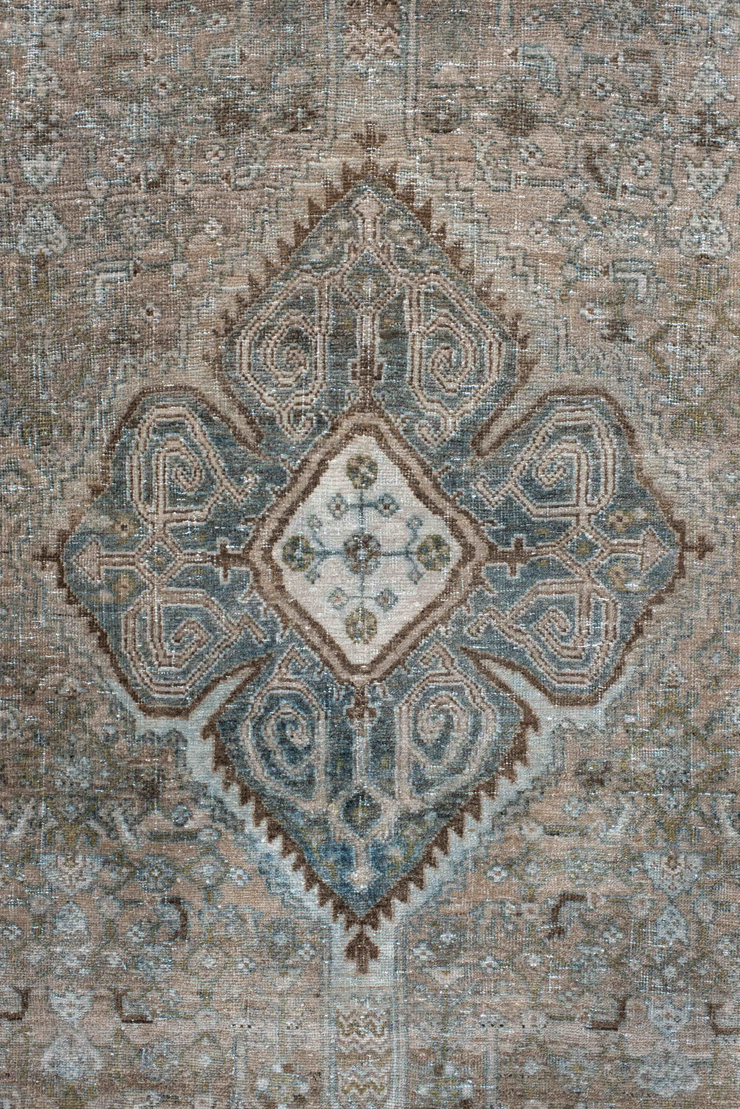 4' x 7' one-of-a-kind handmade antique Bidjar rug. Color palette: taupe, ivory, blue-gray, brown, beige, charcoal, gray