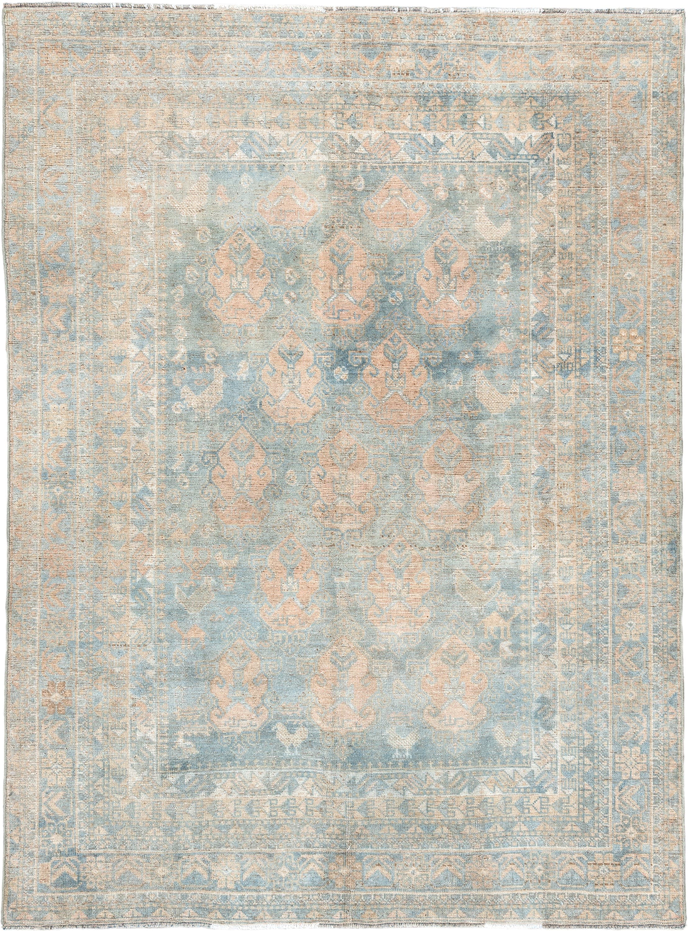 4' x 6' one-of-a-kind handmade vintage Afshar rug. Color palette: light blue, ivory, blush, beige, taupe, camel, pink, gray
