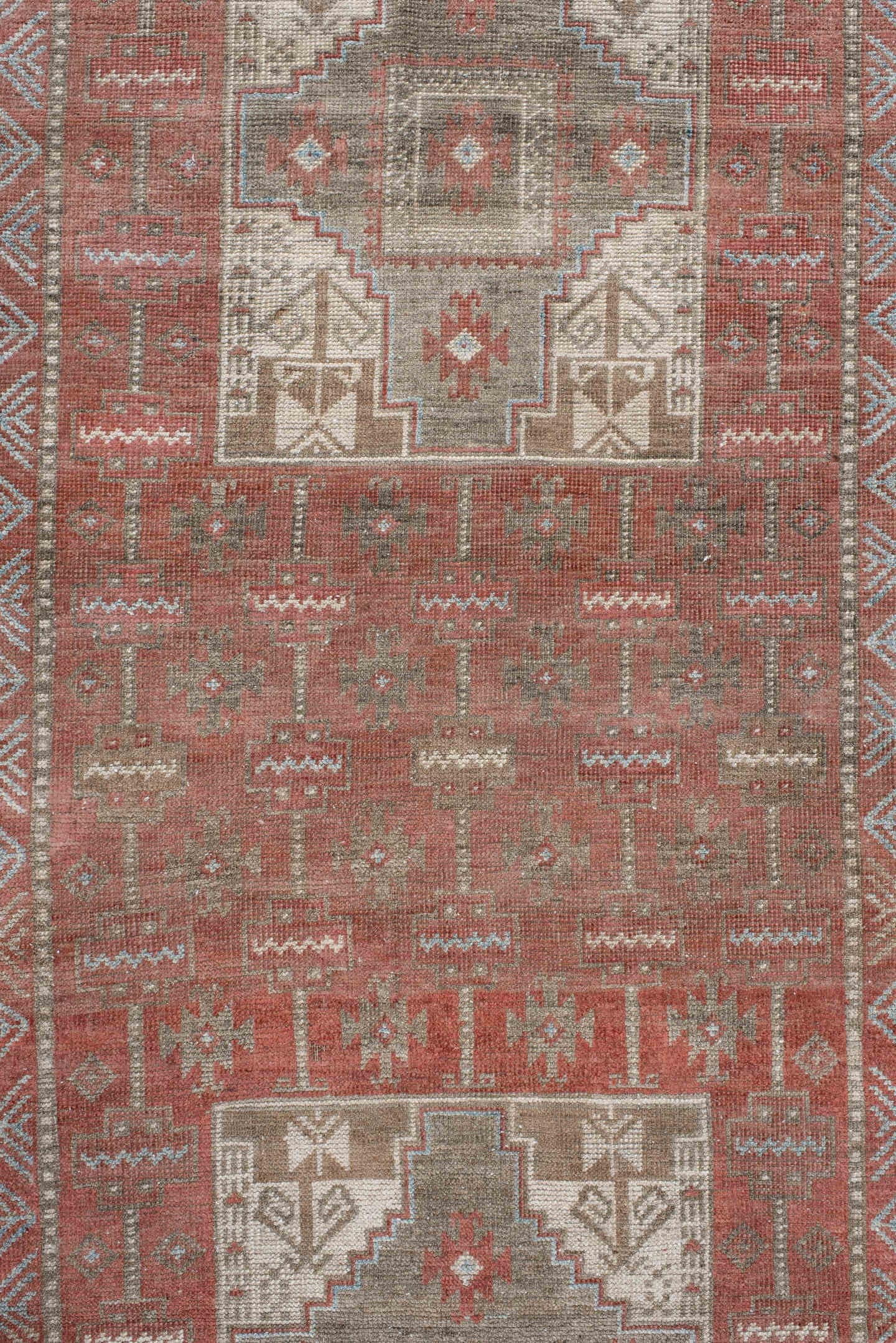 3' x 7' one-of-a-kind handmade antique Belouch runner rug. Color palette: terra cotta, ivory, taupe, brown, slate, rust