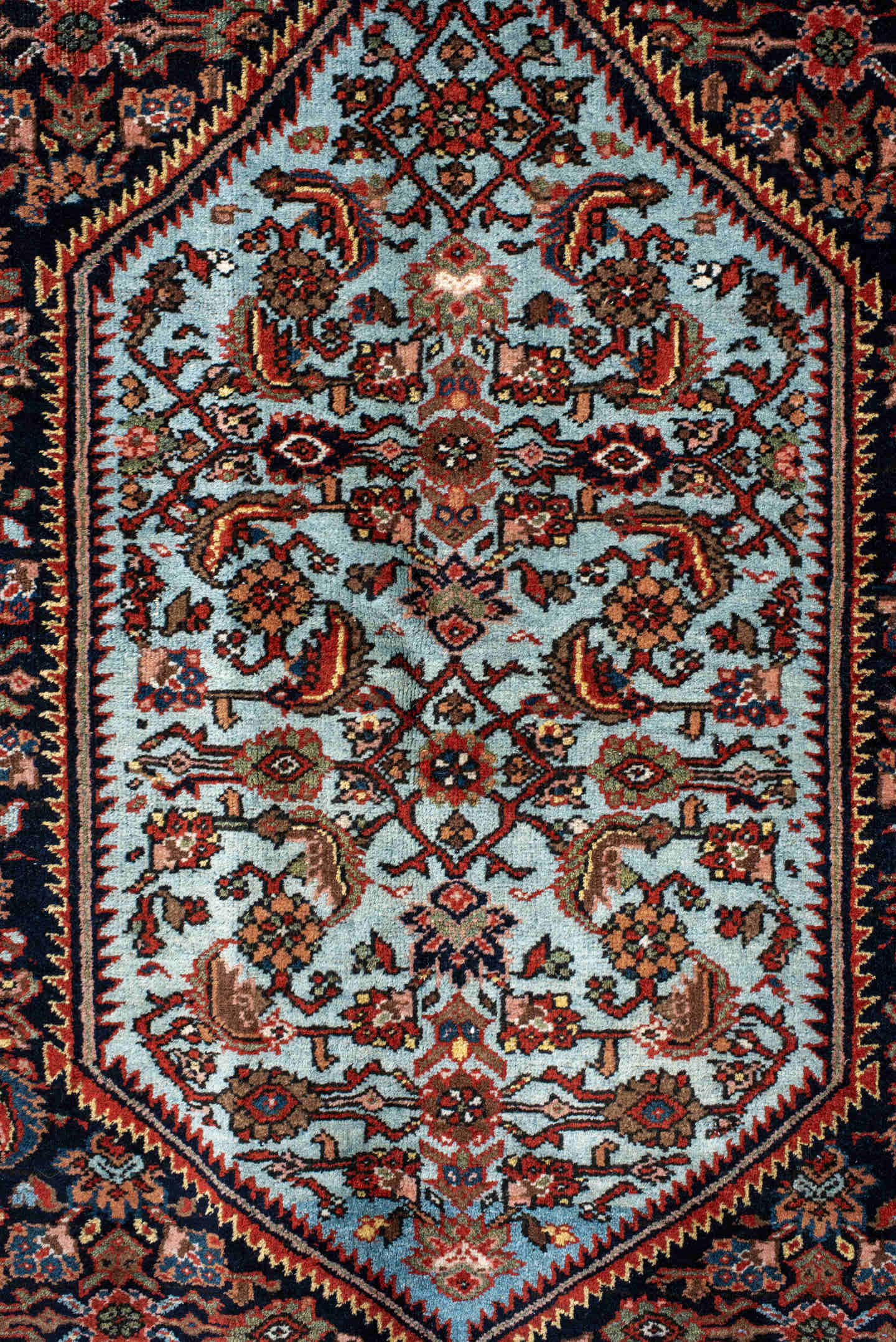 4' x 6' one-of-a-kind handmade vintage Sarouk small size rug. Color palette: navy, cobalt, rust, light blue, sage, ivory