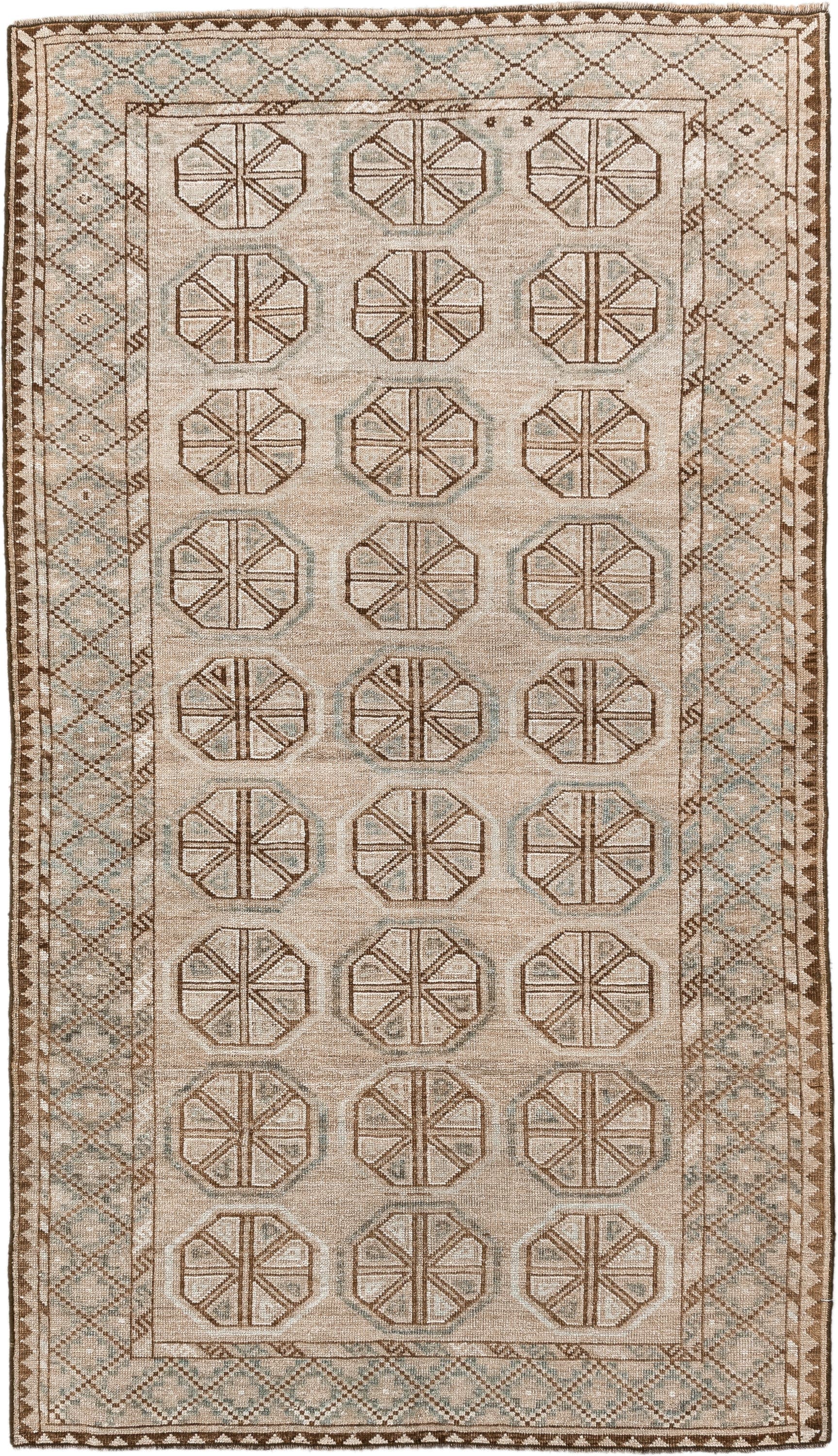 3' x 6' one-of-a-kind handmade antique Belouch rug. Color palette: ivory, camel, taupe, brown, pale blue, beige, gray