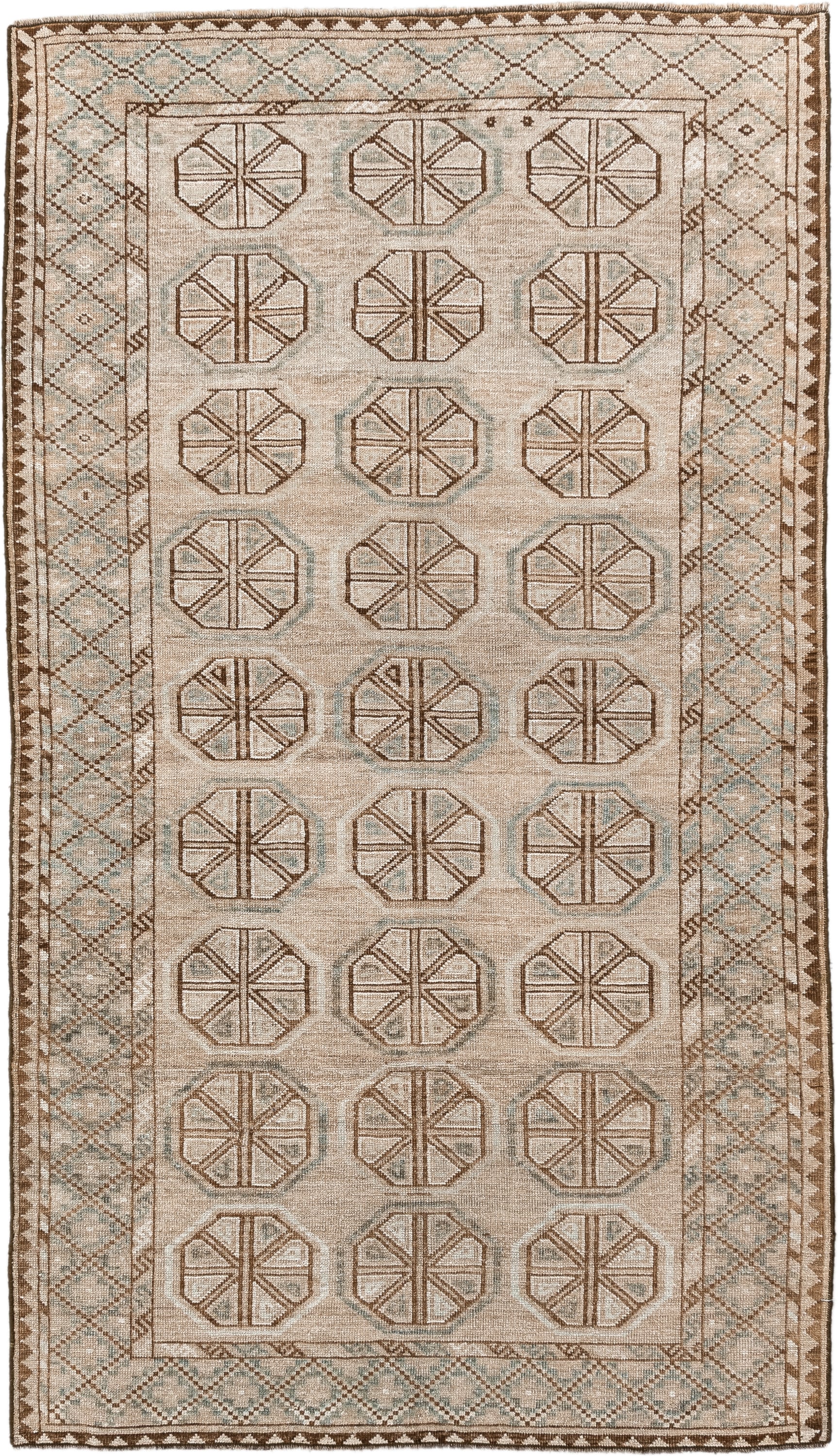 3' x 6' one-of-a-kind handmade antique Belouch rug. Color palette: ivory, camel, taupe, brown, pale blue, beige, gray
