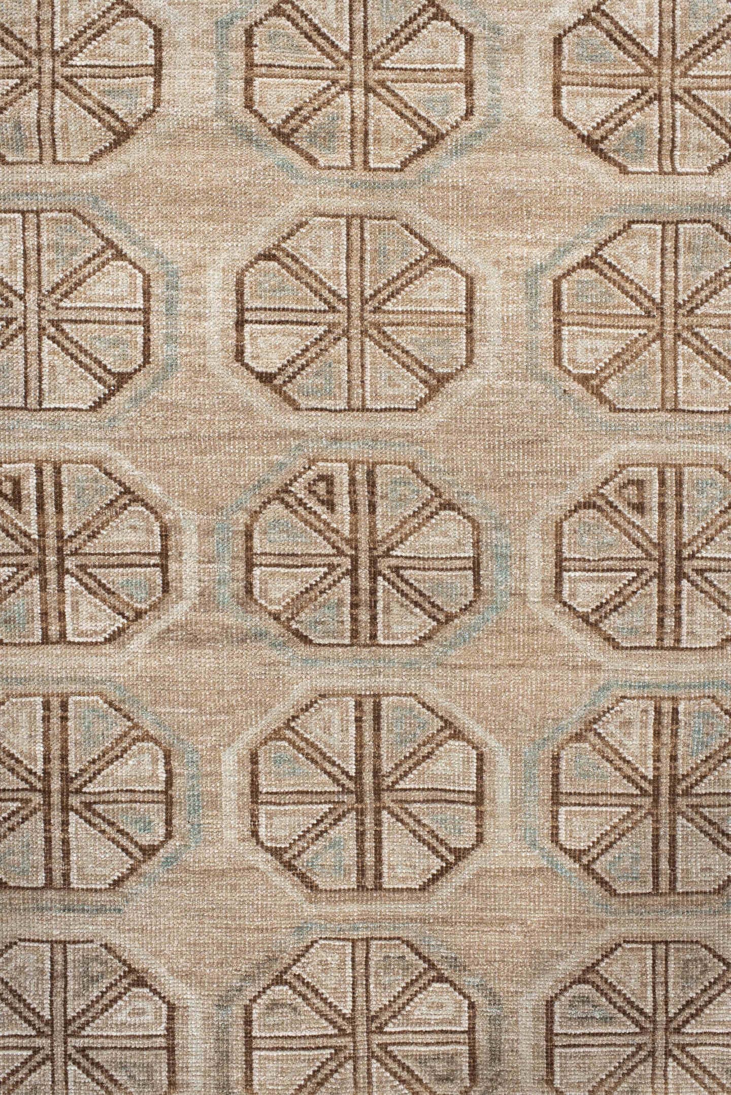 3' x 6' one-of-a-kind handmade antique Belouch rug. Color palette: ivory, camel, taupe, brown, pale blue, beige, gray