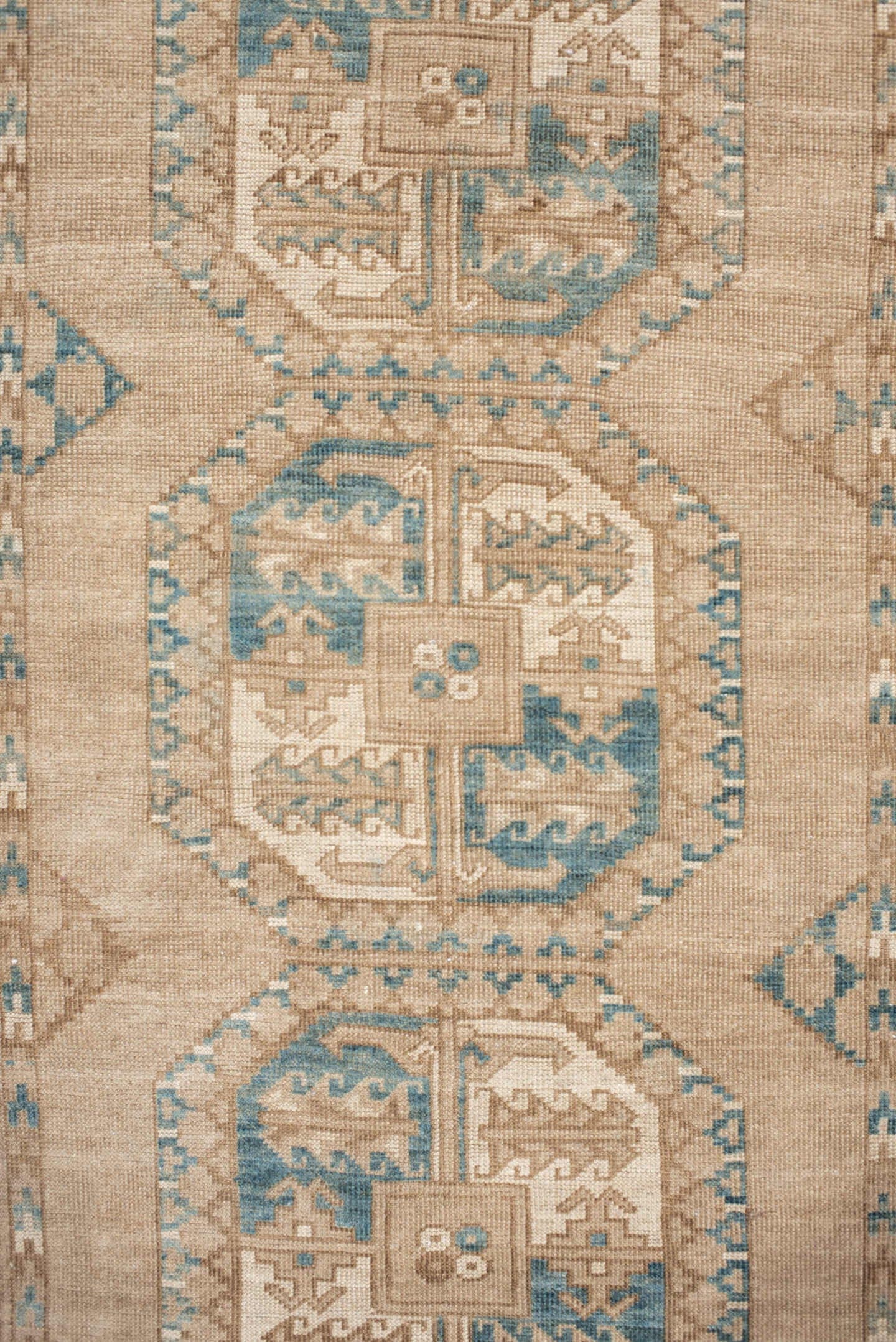 3' x 5' one-of-a-kind handmade vintage Afghan small size rug. Color palette: ivory, sand, taupe, teal, camel, beige, gray
