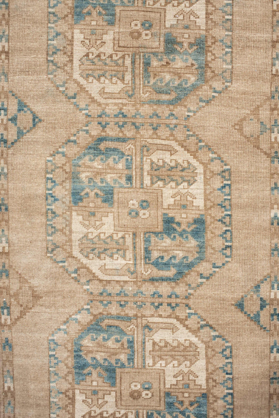 3' x 5' one-of-a-kind handmade vintage Afghan small size rug. Color palette: ivory, sand, taupe, teal, camel, beige, gray