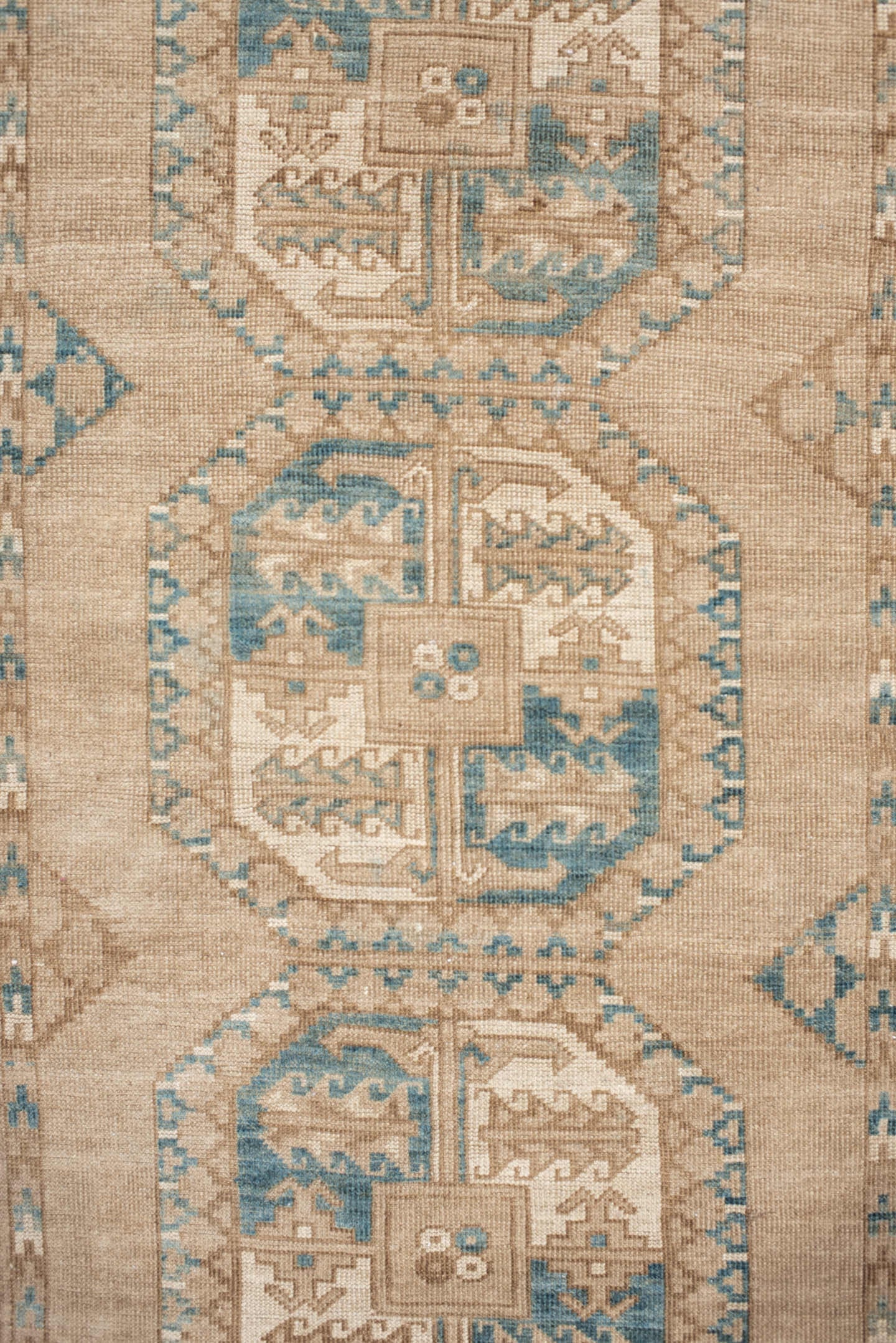 3' x 5' one-of-a-kind handmade vintage Afghan small size rug. Color palette: ivory, sand, taupe, teal, camel, beige, gray