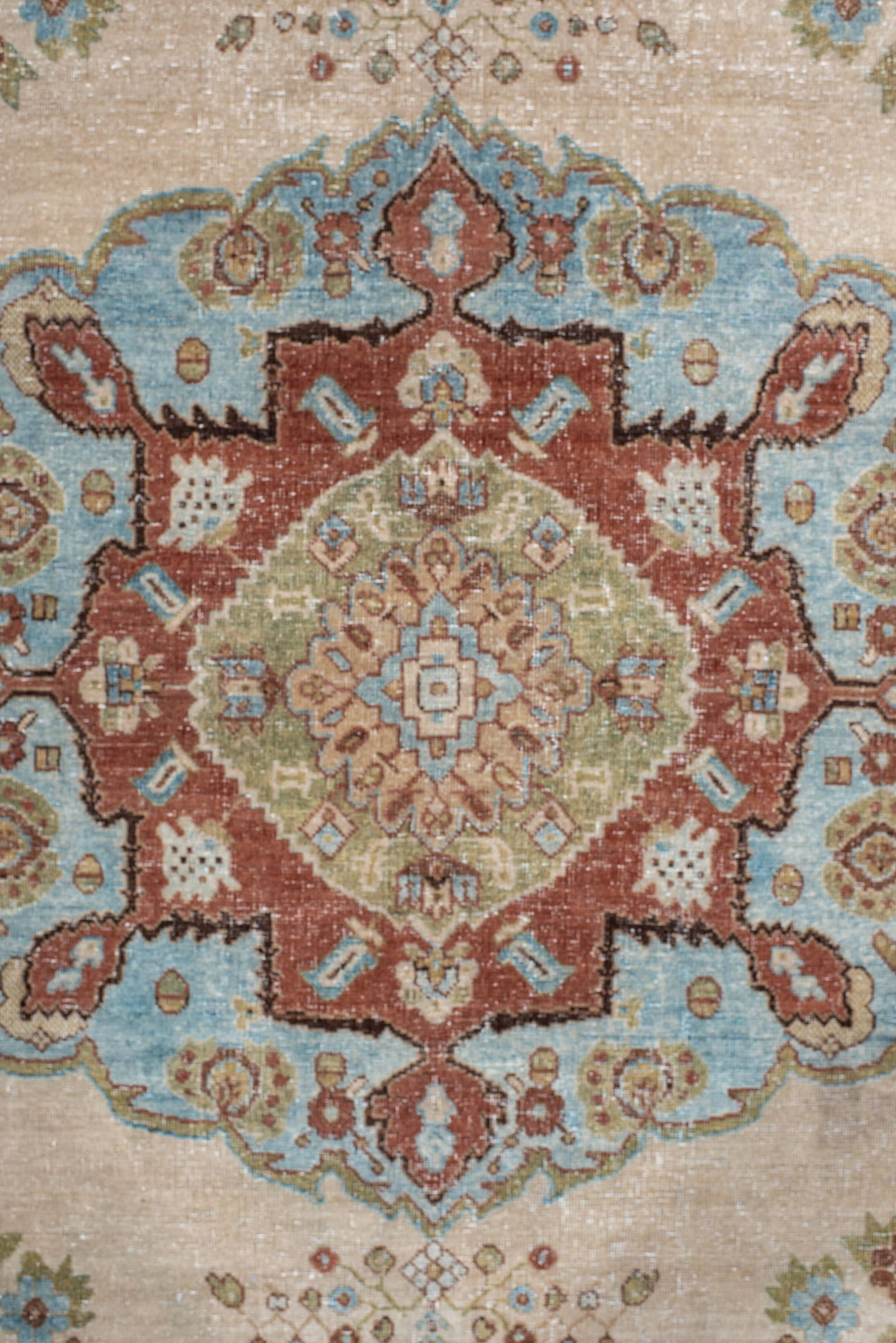 4' x 5' one-of-a-kind handmade antique Afshar small size rug. Color palette: ivory, sky_blue, rust, sage, taupe, camel
