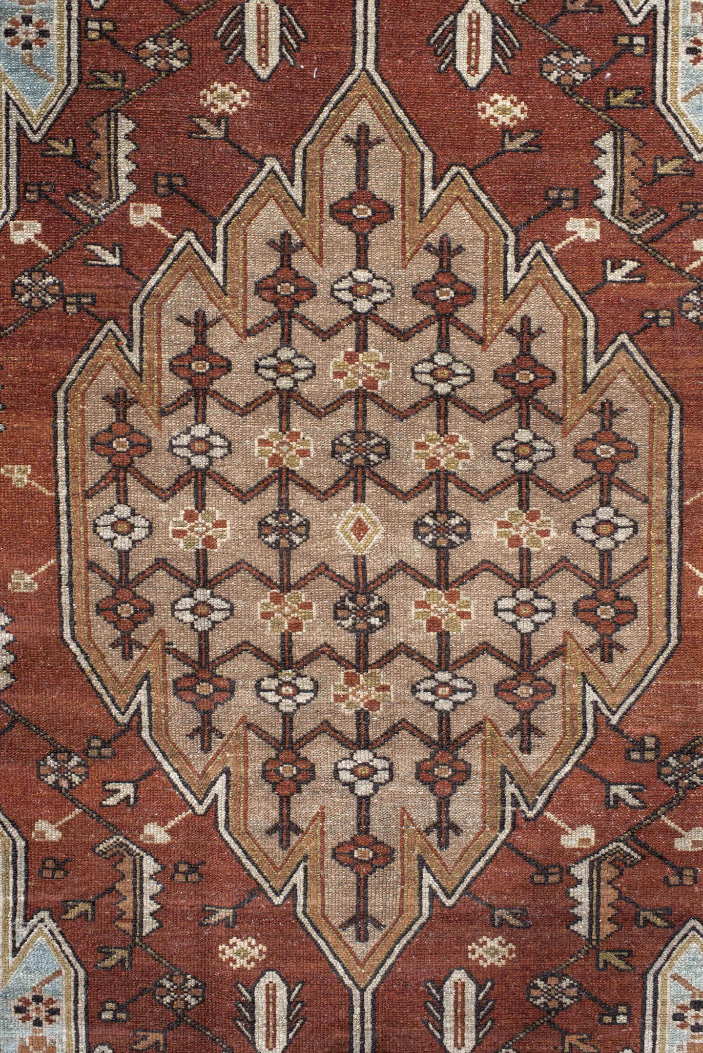 4' x 6' one-of-a-kind handmade vintage Malayer small size rug. Color palette: rust, ivory, light blue, brown, taupe