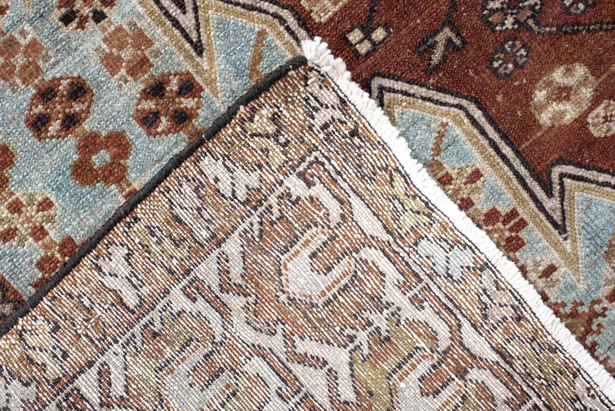 4' x 6' one-of-a-kind handmade vintage Malayer small size rug. Color palette: rust, ivory, light blue, brown, taupe
