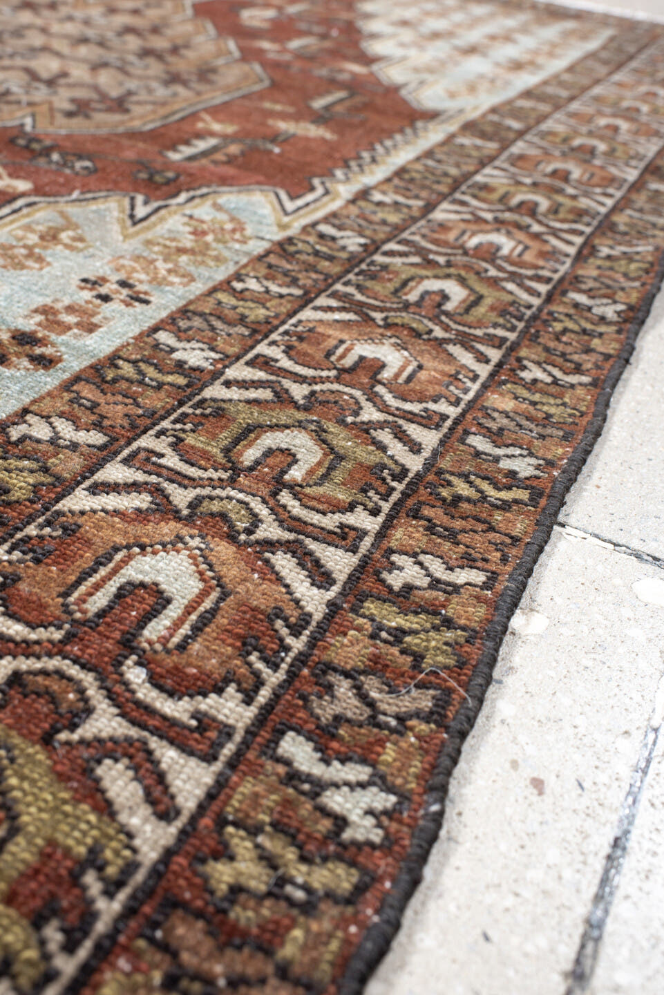 4' x 6' one-of-a-kind handmade vintage Malayer small size rug. Color palette: rust, ivory, light blue, brown, taupe