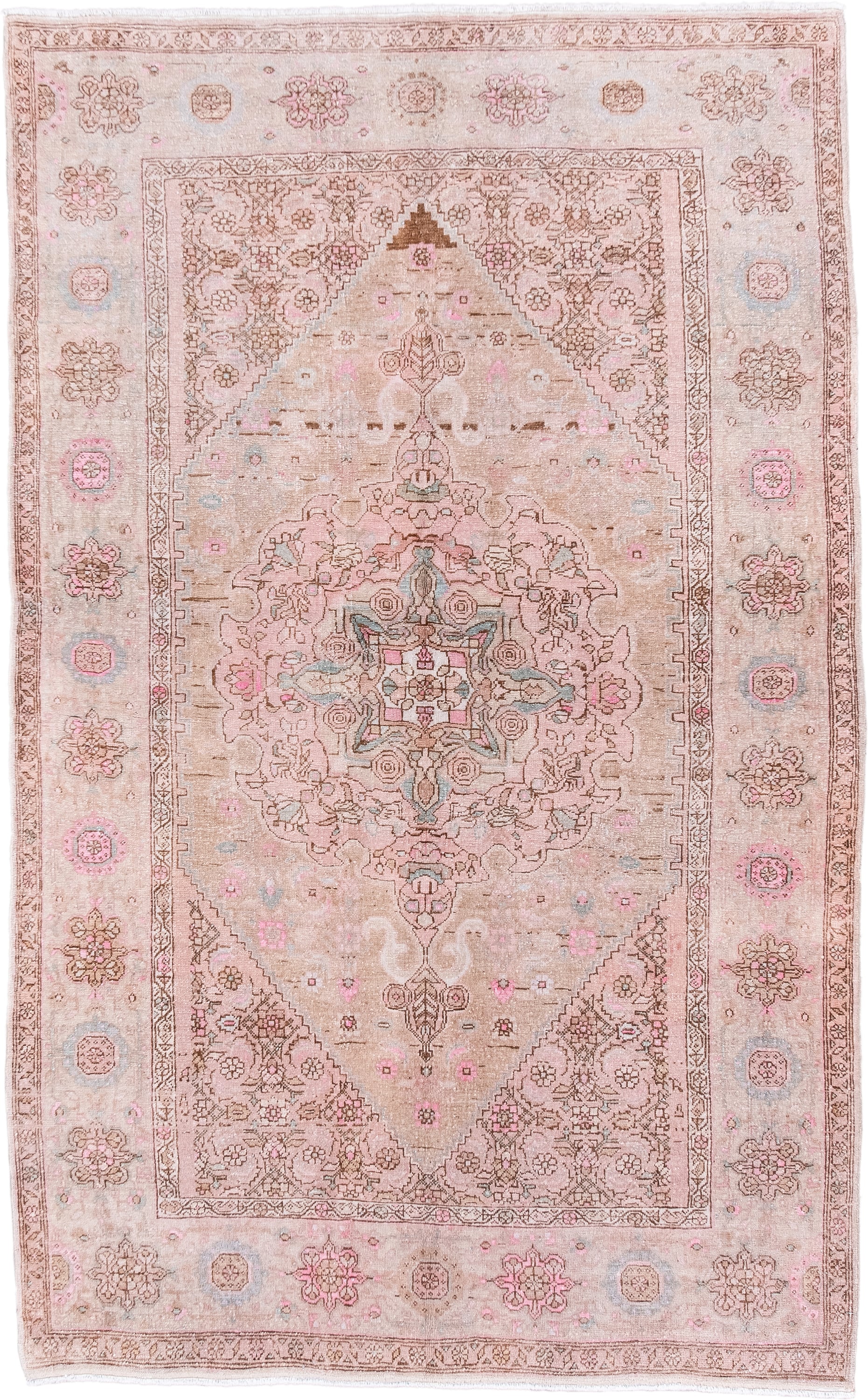 4' x 6' one-of-a-kind handmade antique Sarouk small size rug. Color palette: blush, ivory, taupe, rose, pale blue, brown