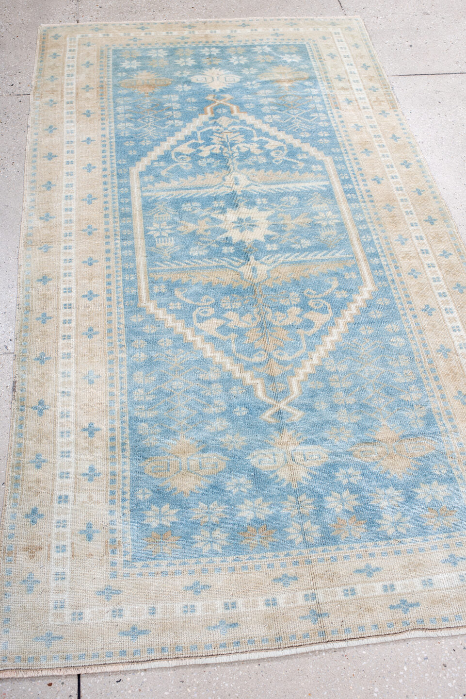 3' x 6' one-of-a-kind handmade vintage Anatol runner rug. Color palette: brown, dark gray, gainsboro, gray, light blue