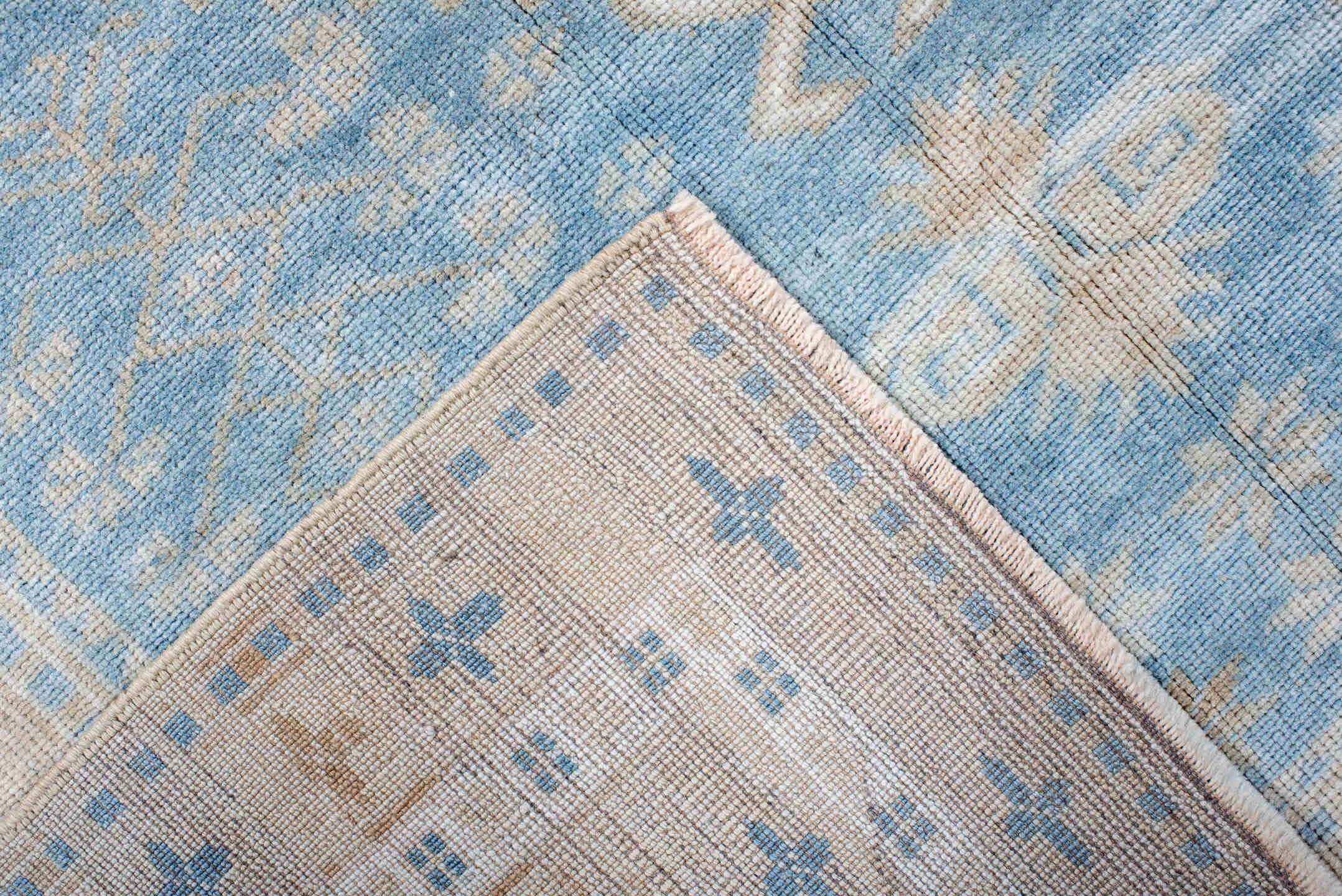 3' x 6' one-of-a-kind handmade antique Anatolian runner rug. Color palette: sky blue, ivory, beige, sand, taupe, light blue