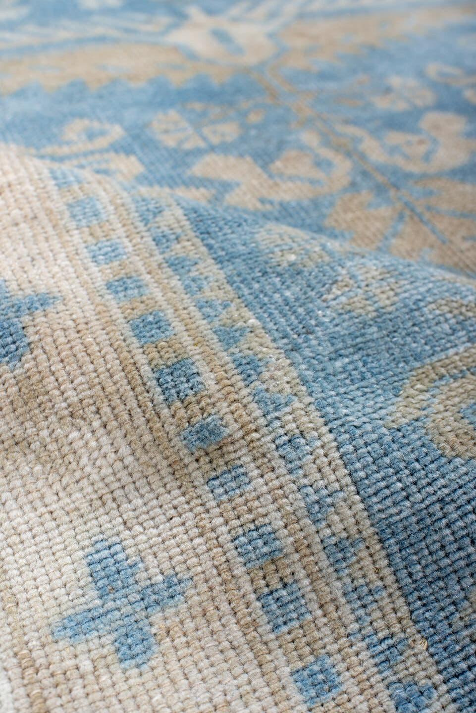 3' x 6' one-of-a-kind handmade antique Anatolian runner rug. Color palette: sky blue, ivory, beige, sand, taupe, light blue