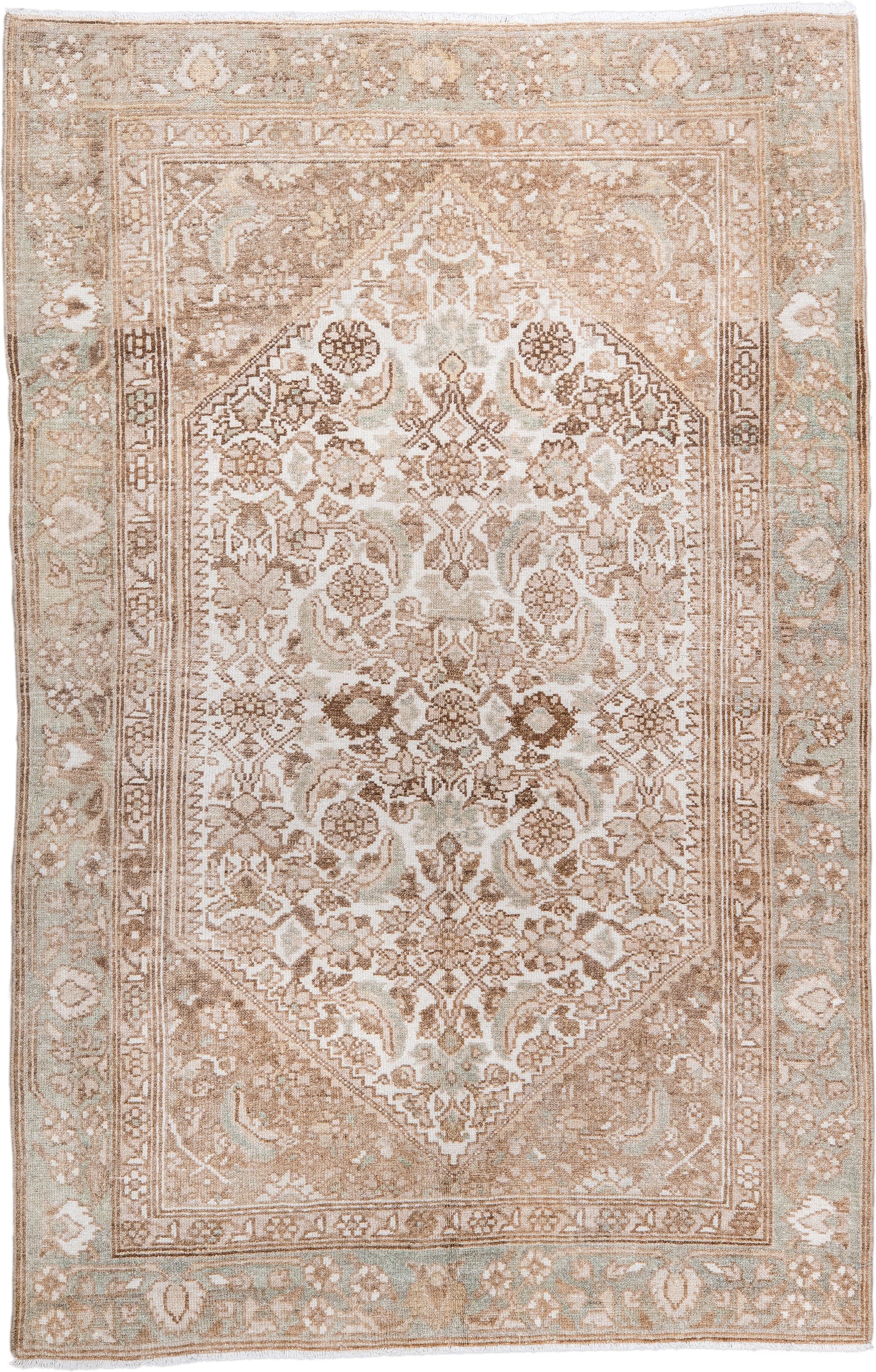 3' x 4' one-of-a-kind handmade antique Malayer small size rug. Color palette: ivory, camel, taupe, sage, beige, brown, gray