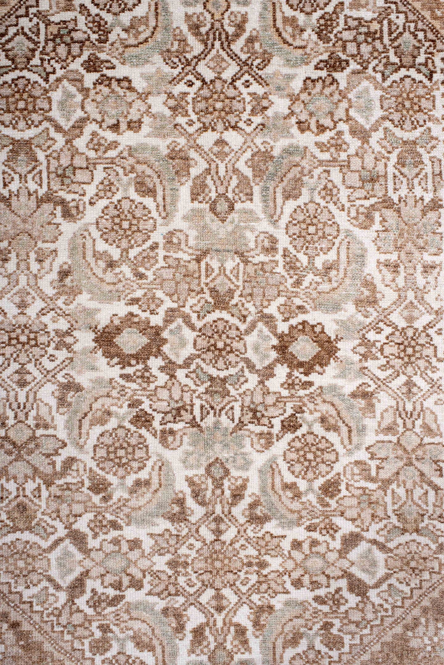 3' x 4' one-of-a-kind handmade antique Malayer small size rug. Color palette: ivory, camel, taupe, sage, beige, brown, gray
