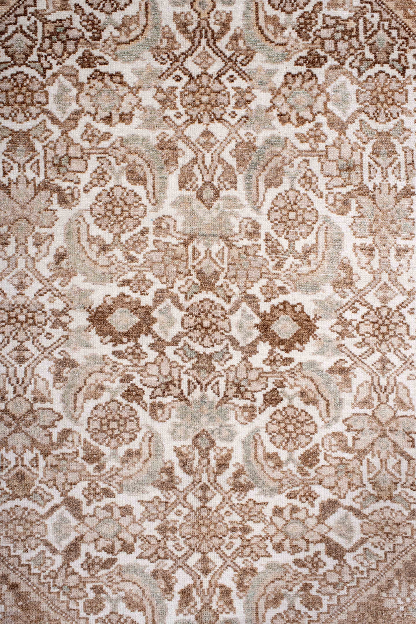 3' x 4' one-of-a-kind handmade antique Malayer small size rug. Color palette: ivory, camel, taupe, sage, beige, brown, gray