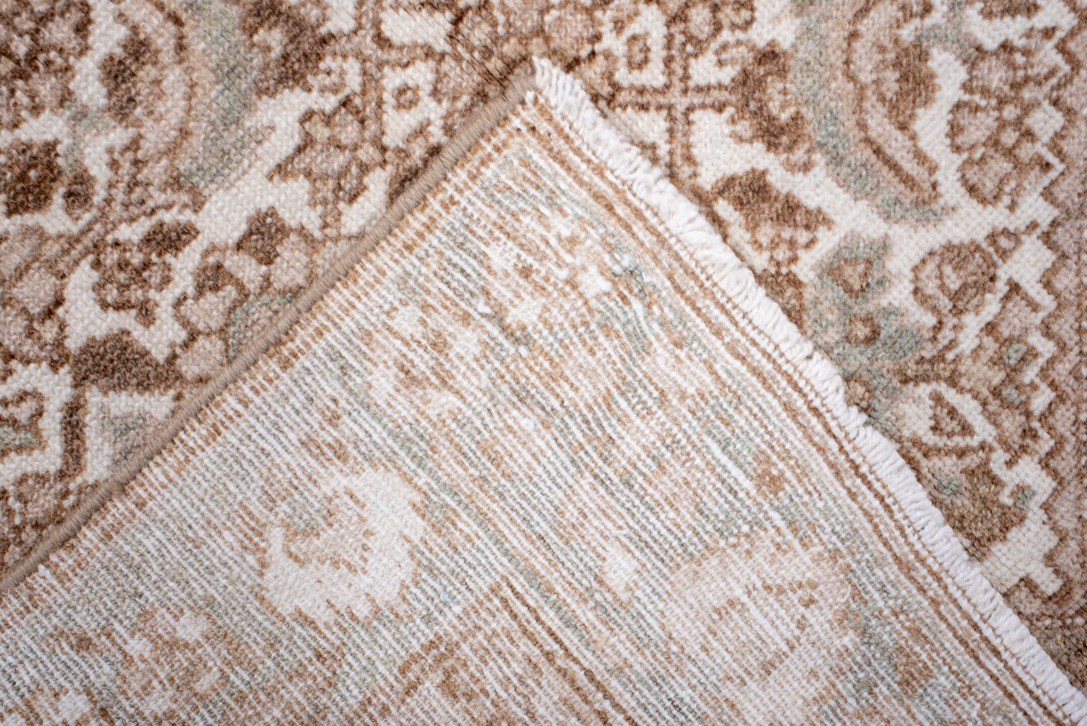 3' x 4' one-of-a-kind handmade antique Malayer small size rug. Color palette: ivory, camel, taupe, sage, beige, brown, gray